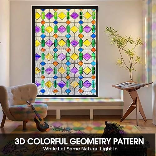Miniatura 38 de Windimiley Película de privacidad para ventana de vidriera: 3D arcoíris floral decorativo esmerilado estático para baño, control de calor, bloqueo