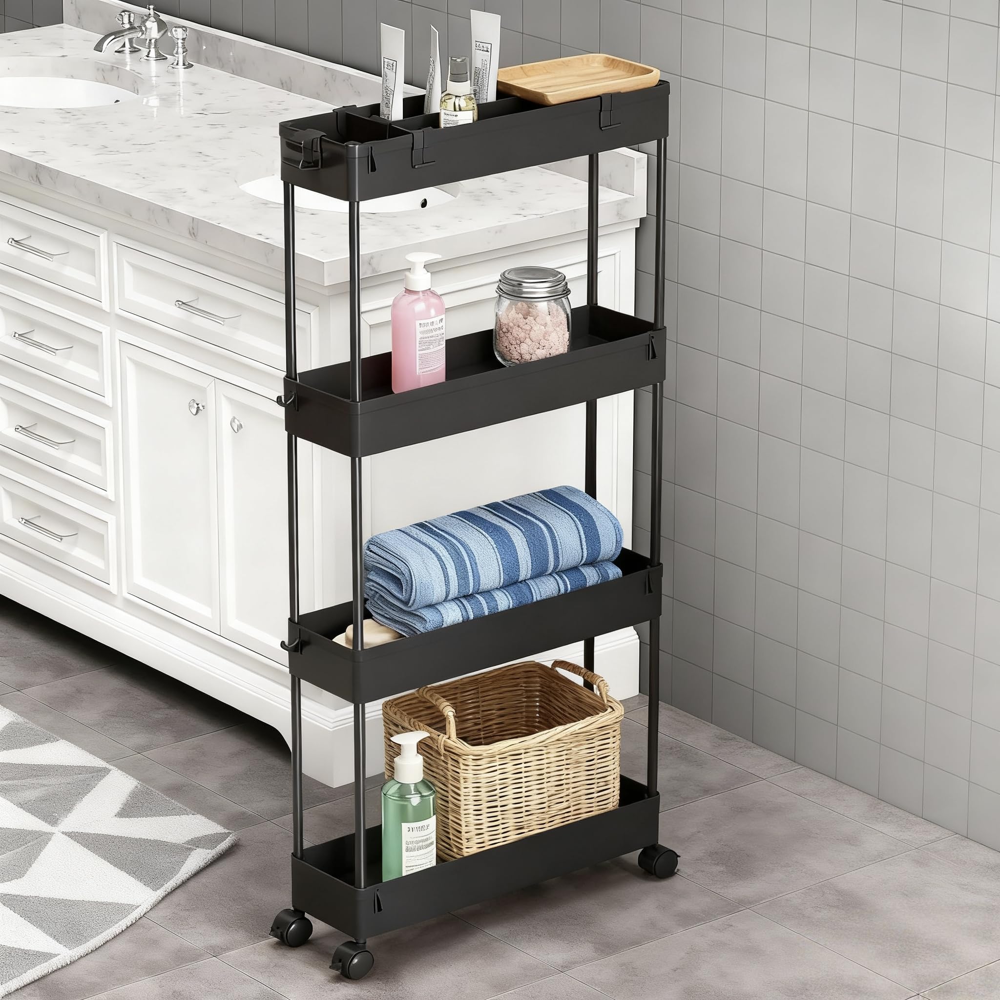CHIQUERID 4 Tier Utility Storage Cart with Lockable Wheels，Storage Organizer Cabinet Rolling cart for Kitchen, Office, Laundry Room & Narrow Places,
