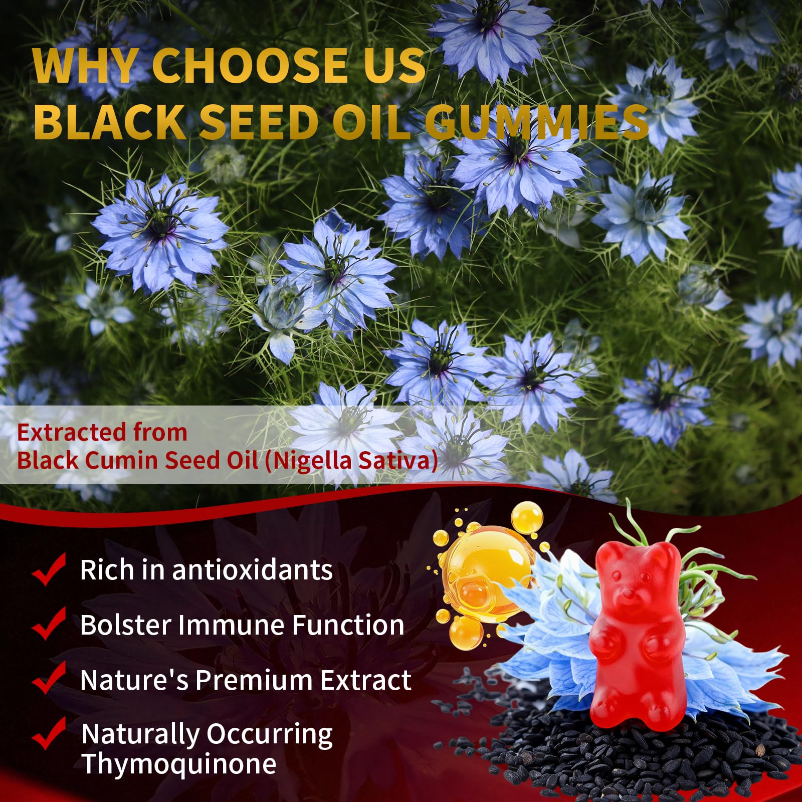 Black Seed Oil Gummies 500mg with Honey and 2% Thymoquinone, Nigella Sativa Seeds for Boost Immune Health, Joints, Digestion, Hair & Skin, Strawberry Flavor, 60 Count — Amazon image 5
