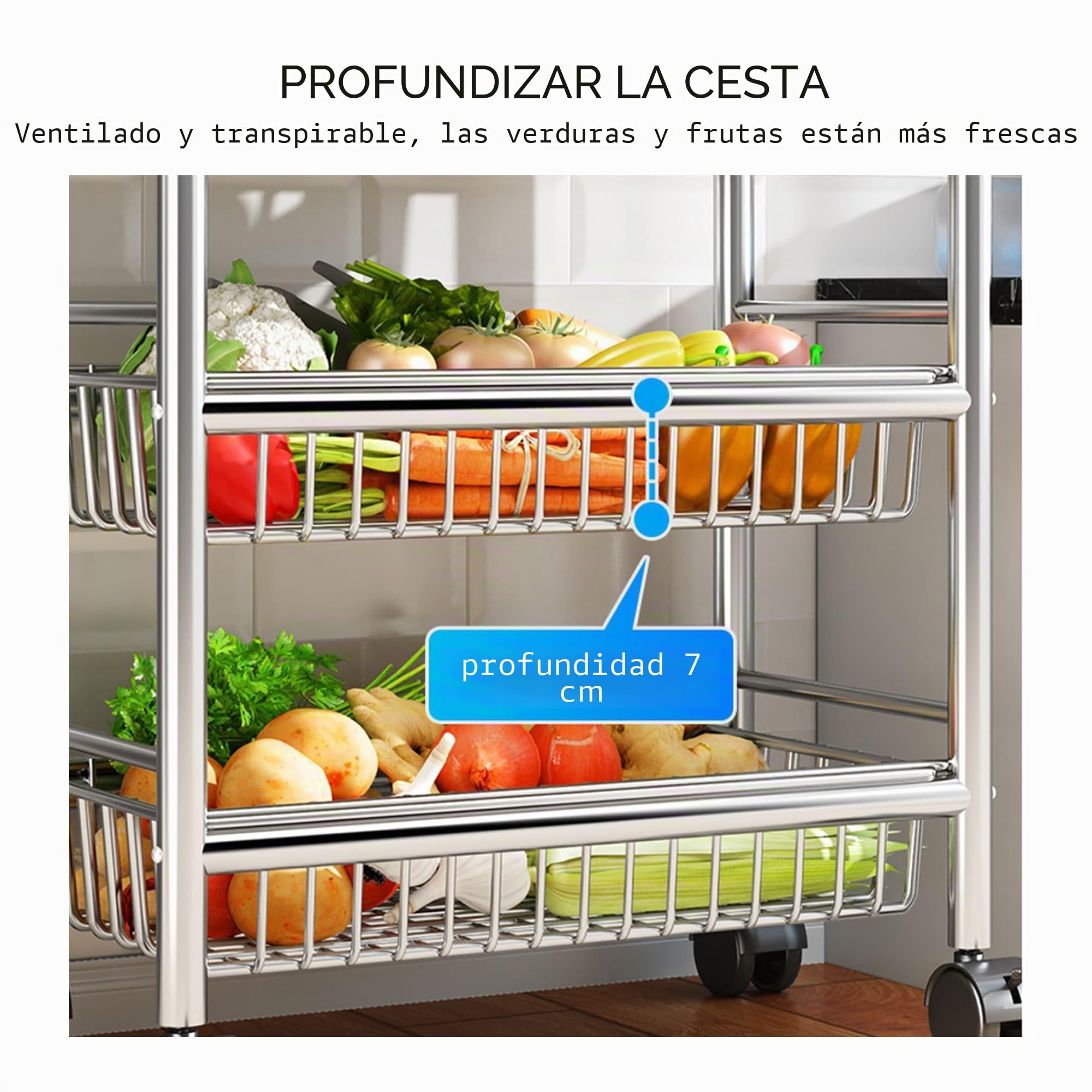 Carrito Carro Cocina de Acero Inoxidable 304 Auxiliar con Ruedas, con almacenamiento de ruedas, cesta de malla, estante de carro de despensa para almacenamiento de frutas, verduras, cebollas y papas (
