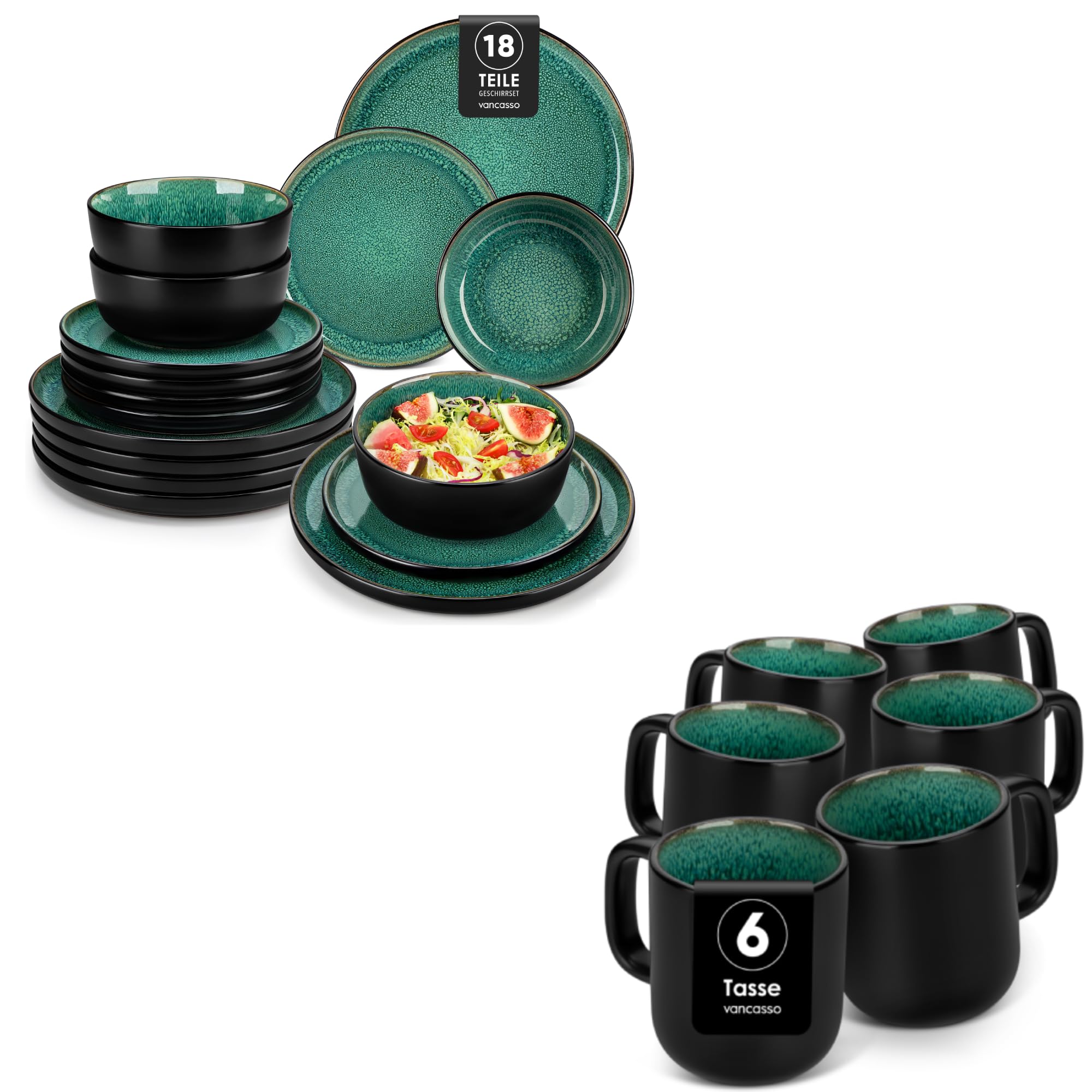 Geschirrset 6 Personen, vancasso PLAYA Steingut Geschirr set 18tlg für 6 Personen + vancasso Kaffeetassen set 6er