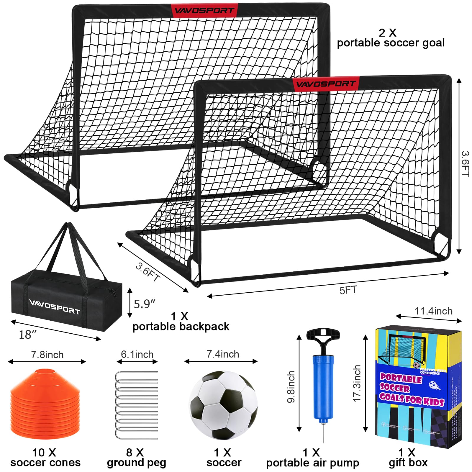 Soccer Goals for Backyard Set - 2 of 5' x 3.6' Portable Soccer Goal Training Equipment, Pop Up Soccer Net with Soccer Ball, Soccer Set for Games, Sports view 2