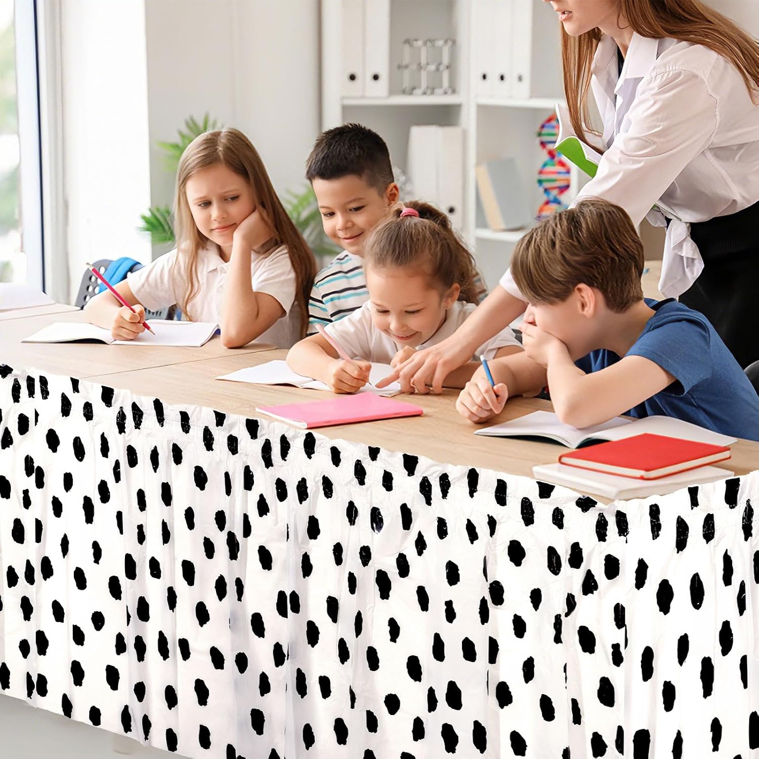 AnyDesign 3Pcs Polka Dots Table Skirt 2.5 x 14.1 Ft Disposable Black White Polka Dot Plastic Table Skirt for Back to School Supplies Classroom Office Home Bookcase Cabinet Decor