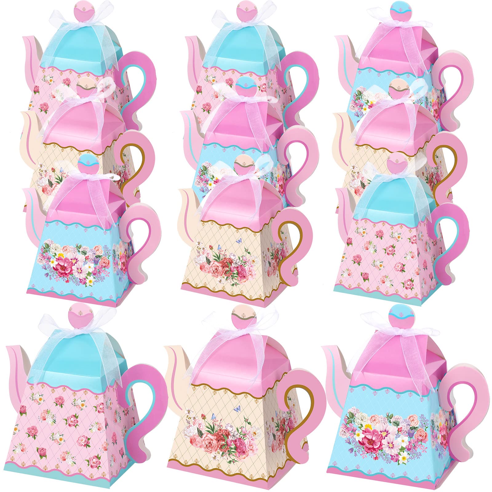Outus 24 Pcs Floral Tea Party Favor Box Large Flower Teapot Gift Box Vintage Floral Pink Blue Teapot Box Tea Party Birthday Decorations Baby Shower Party Supplies for Garden