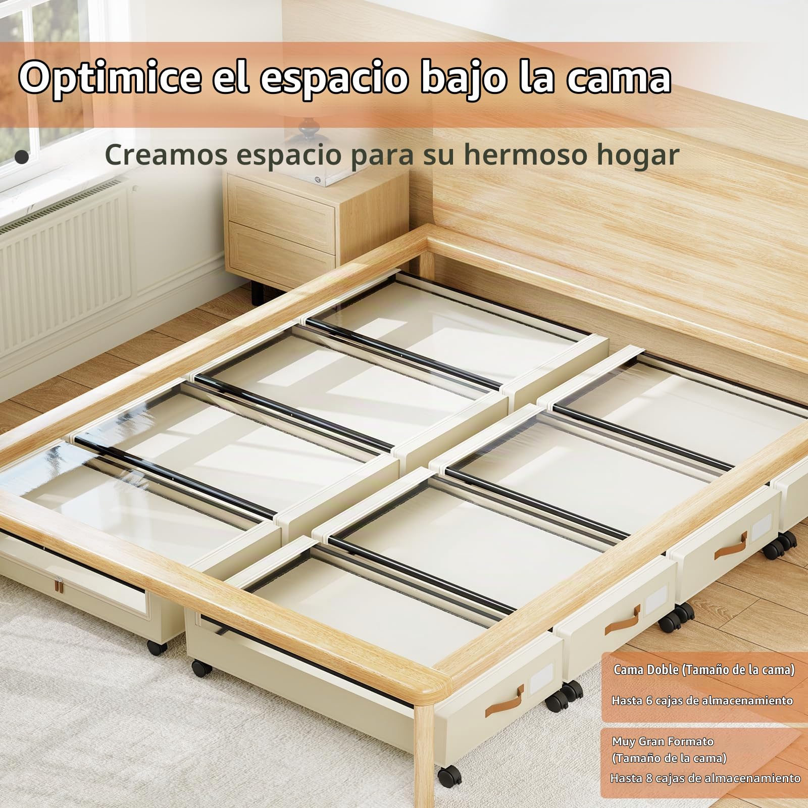Somdot 48 L Cajones para debajo de la cama con ruedas, tapa y cremallera, caja bajo cama de gran capacidad, 43,5 profundo x 78,5 ancho x 17 alto, beige, pack 2
