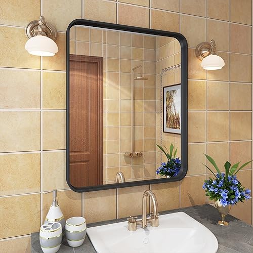 Espejo de baño negro de 16 x 20 pulgadas para pared, espejo de tocador con marco de metal negro mate, espejo de pared moderno rectangular,