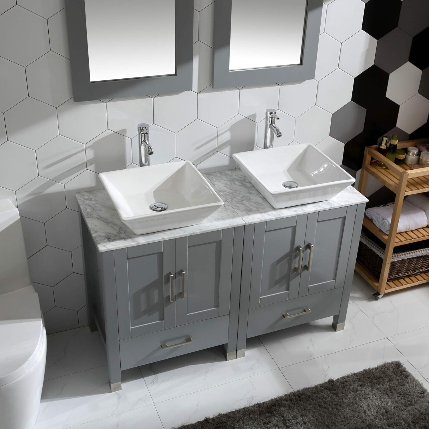 48 inch Double Sink Bathroom Vanity Cabinet Combo Glass、Marble Top Grey Paint Wood w/Faucet, Mirror&Drain Set (Solid Wood + Marble Top)