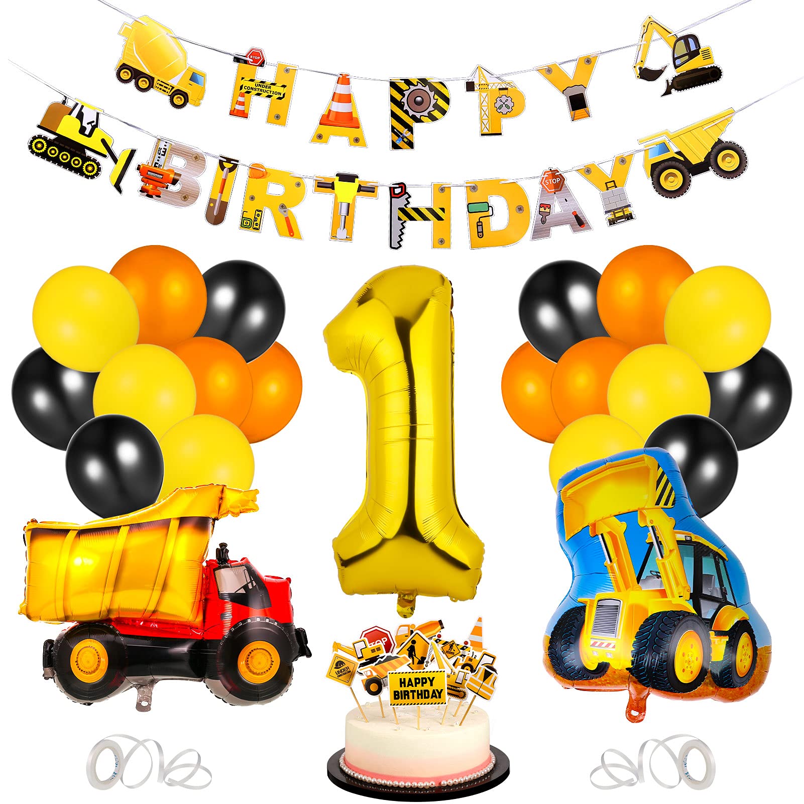 Xinzistar 25Pcs Construction Party Supplies, 1st Birthday Decorations for Boy, Latex Digger Balloons and HAPPY BIRTHDAY Digger Banner Digger Cake Toppers for Kids 1st Birthday Dump Truck Decorations