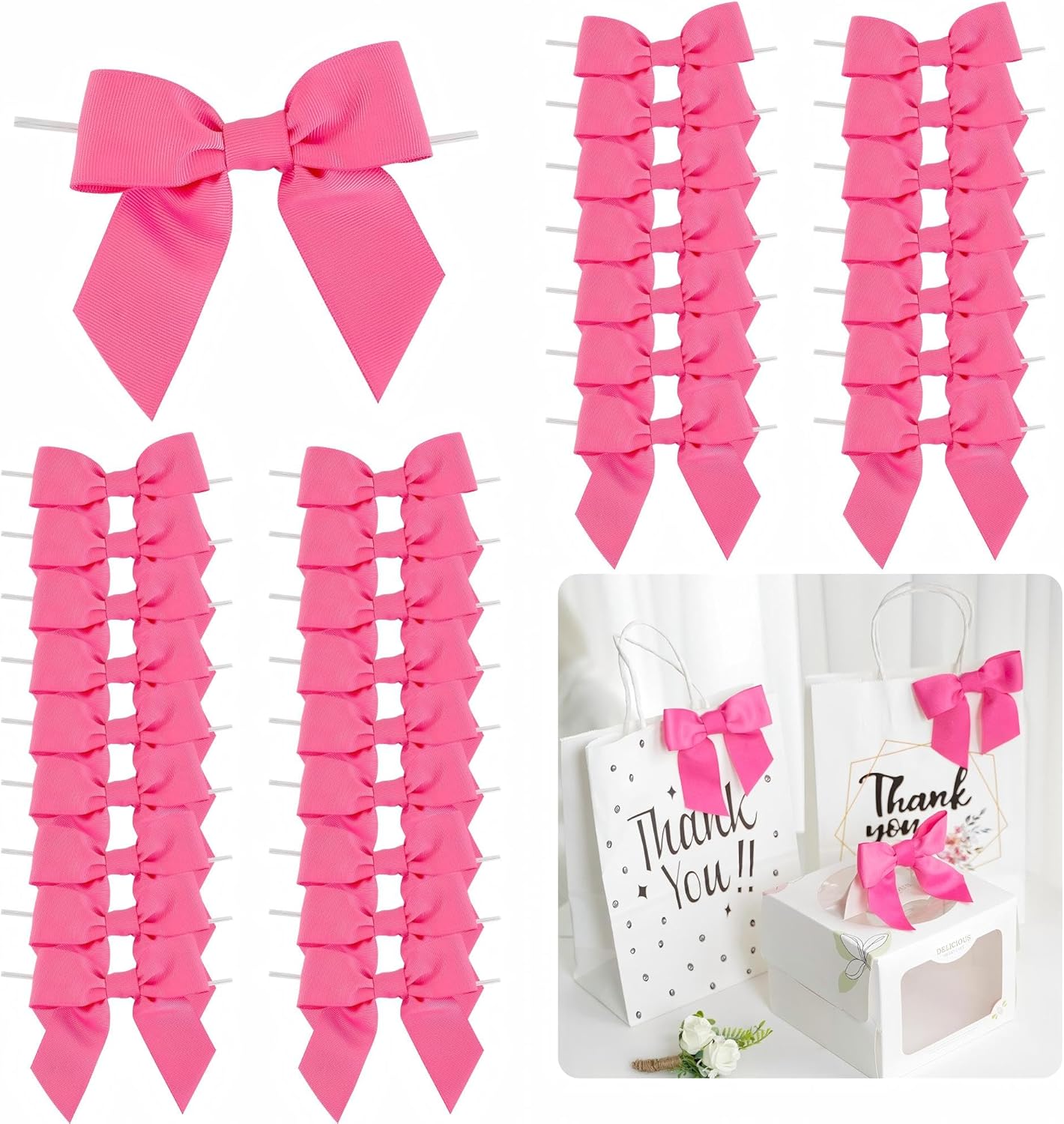 36 PCs 4.5 Inch Hot Pink Bow Grosgrain Ribbon Bows for Gift Wrapping, Gift Bows for Presents, Pink Bow Party Decorations, Twist Tie Bows for Baby Shower, Wedding, Easter, Birthday Party