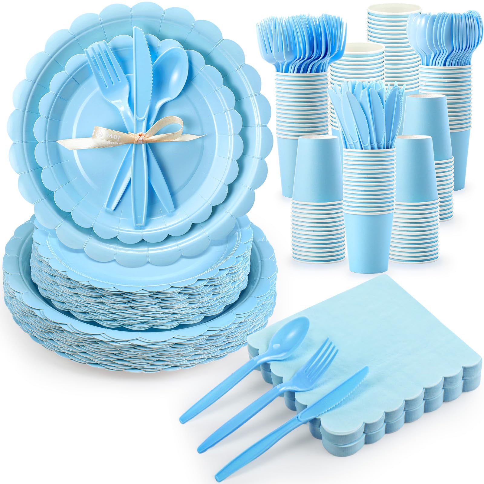 Ziliny 350 Pcs Baby Blue Plates and Napkins, 50 Guest Spring Party Supplies Include Scalloped Paper Plates Napkins Cups Plastic Spoons Forks Knives