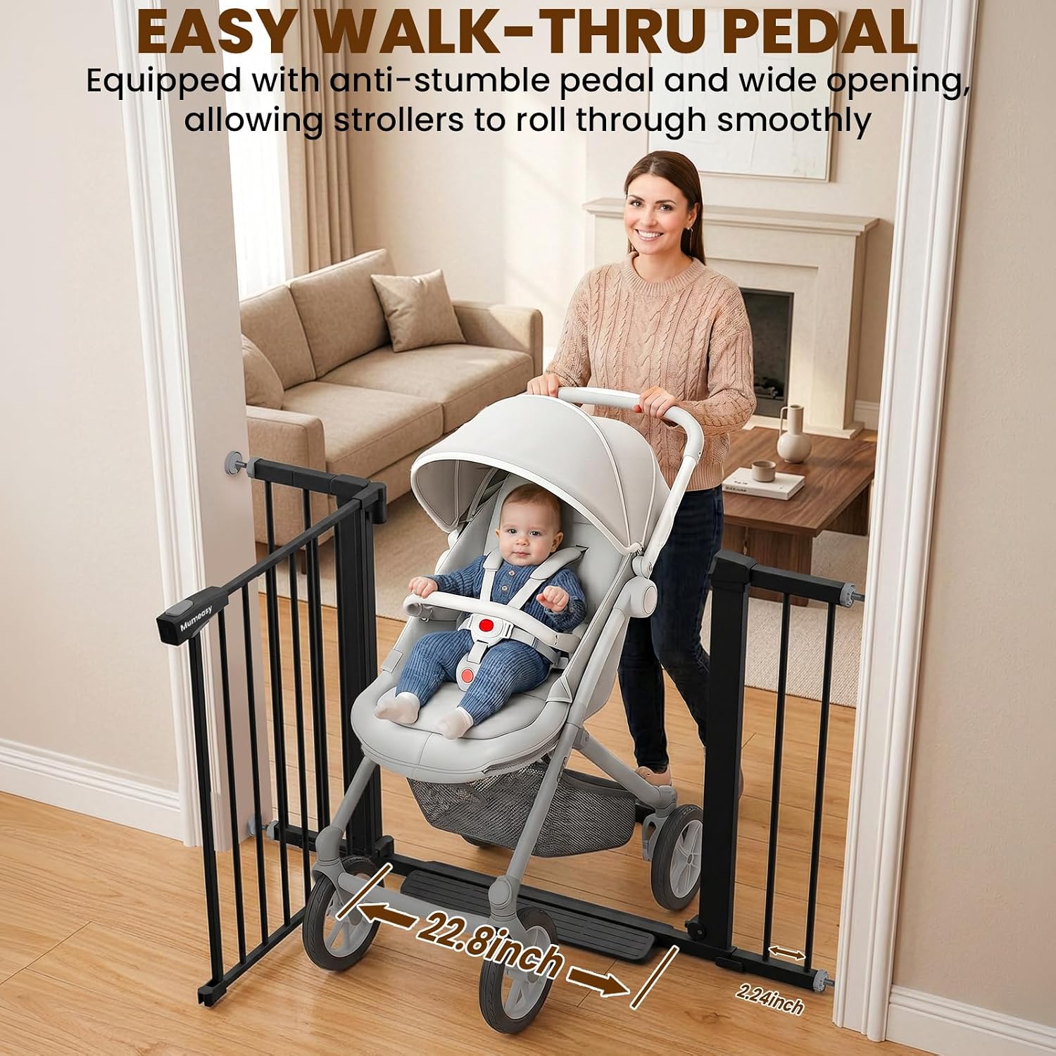 Mumeasy 29-43" Wide Baby Gate for Stairs and Doorways, 30" Tall Pressure Mounted Dog Gate No Drilling, Auto Close Walk Thru Child Safety Gate, Sturdy Metal Pet Gate with Dual Lock, Black