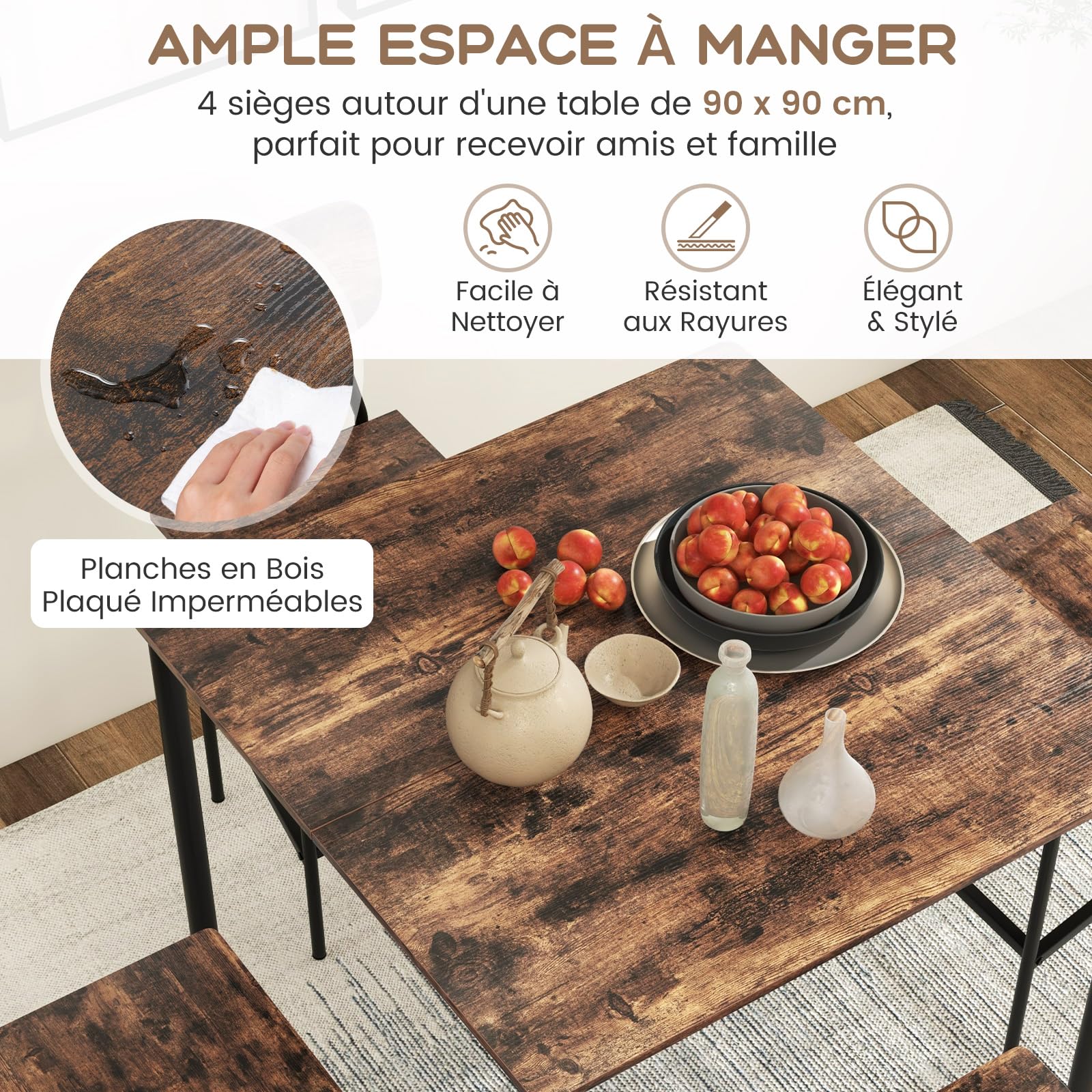 COSTWAY Ensemble Table et 4 Chaises, Table Haute Cuisine 90 x 90 cm, Tabouret avec Dossier, Mange Debout pour 4 Personnes, Design Compact, pour Cuisine, Bistro, Salon, Bar (Marron foncé)
