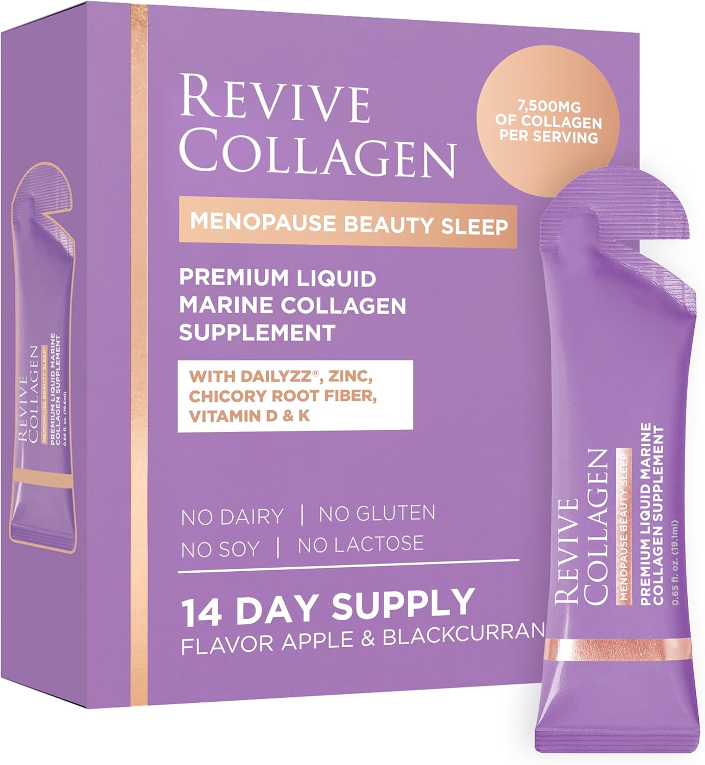 Revive Collagen Menopause Beauty Sleep — Hydrolyzed Marine Collagen Drink for Women, 7,500MG, Zinc, Chicory Root Fiber, Vitamin D & K, Supports Sleep Quality, Apple & Blackcurrant Flavour — 14 Sachets