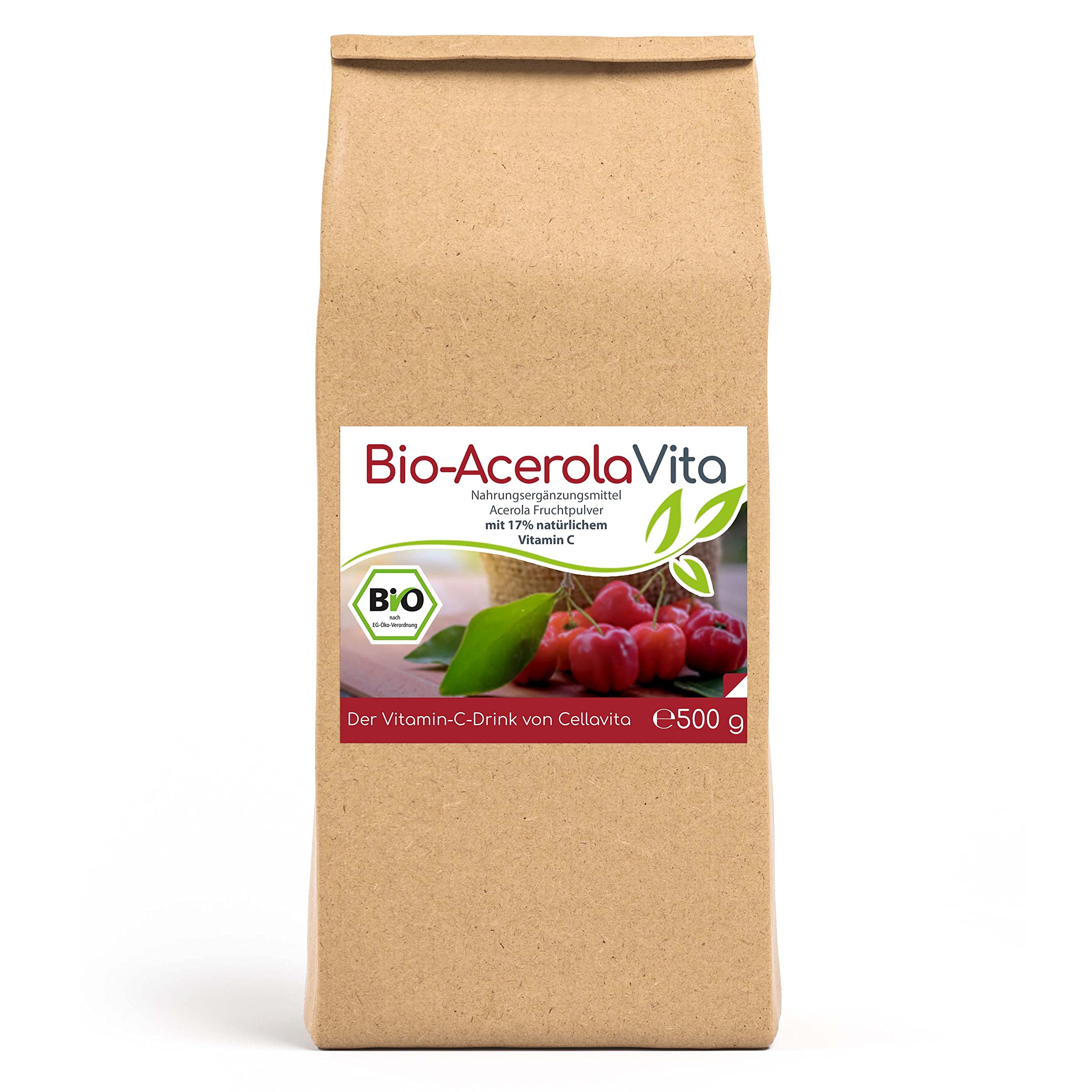 Cellavita – Bio Acerola Pulver Vita (Der Vitamin-C-Drink) 500g im Vorratsbeutel - Natürliches Acerola-Fruchtpulver – Zusatz für Getränke & Smoothies – Nahrungsergänzungsmittel zusatzstofffrei