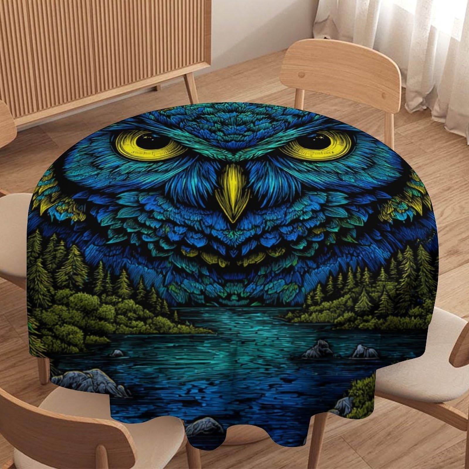 LUYYSKY Beautiful Abstract Elegant Owl Waterproof Round Tablecloth Classic Rustic Full Moon Forest Animal Owl Print Washable Table Cover for Kitchen-177.8" Wx177.8 L cm