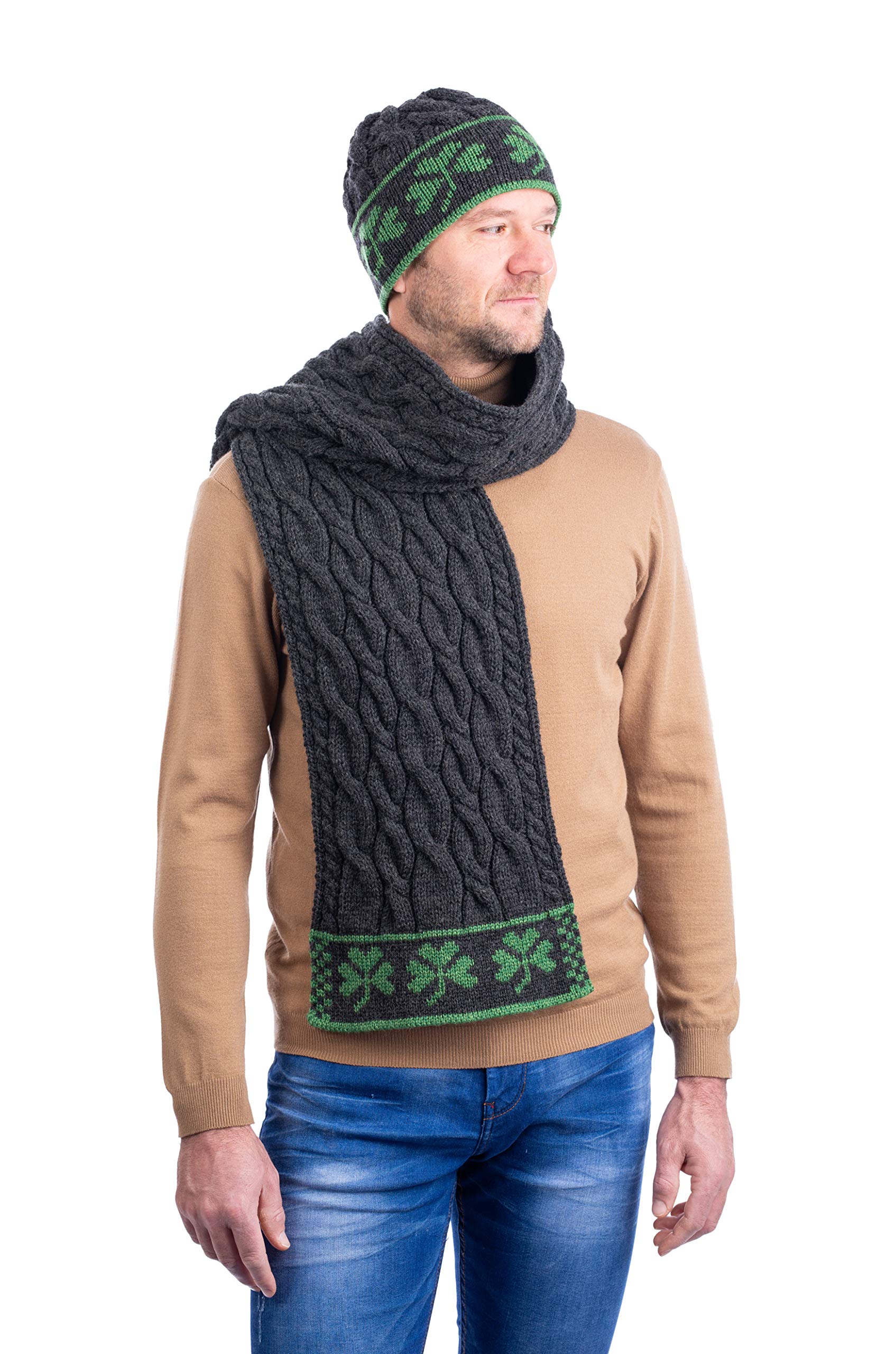 SAOL - Tre Shamrock - Sciarpa in maglia a cavo 100% lana merino per uomo - Taglia unica