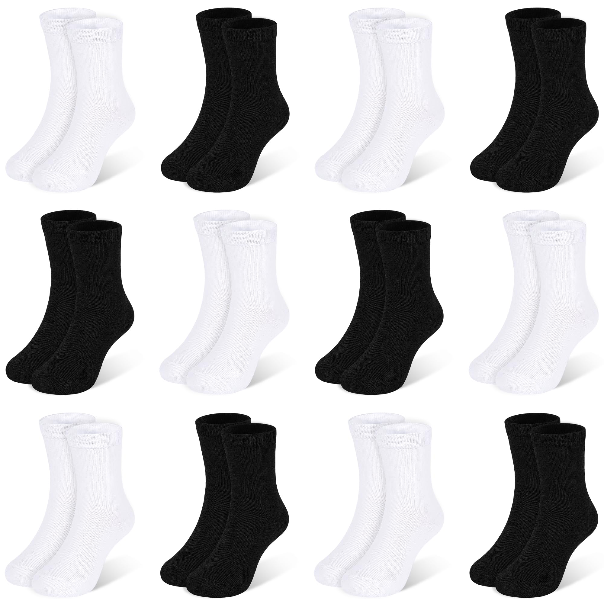Kids Socks 12 Pairs Crew Socks for Toddler Boys Girls 1-14 Years Athletic Mid Cut Socks Multipack Black White