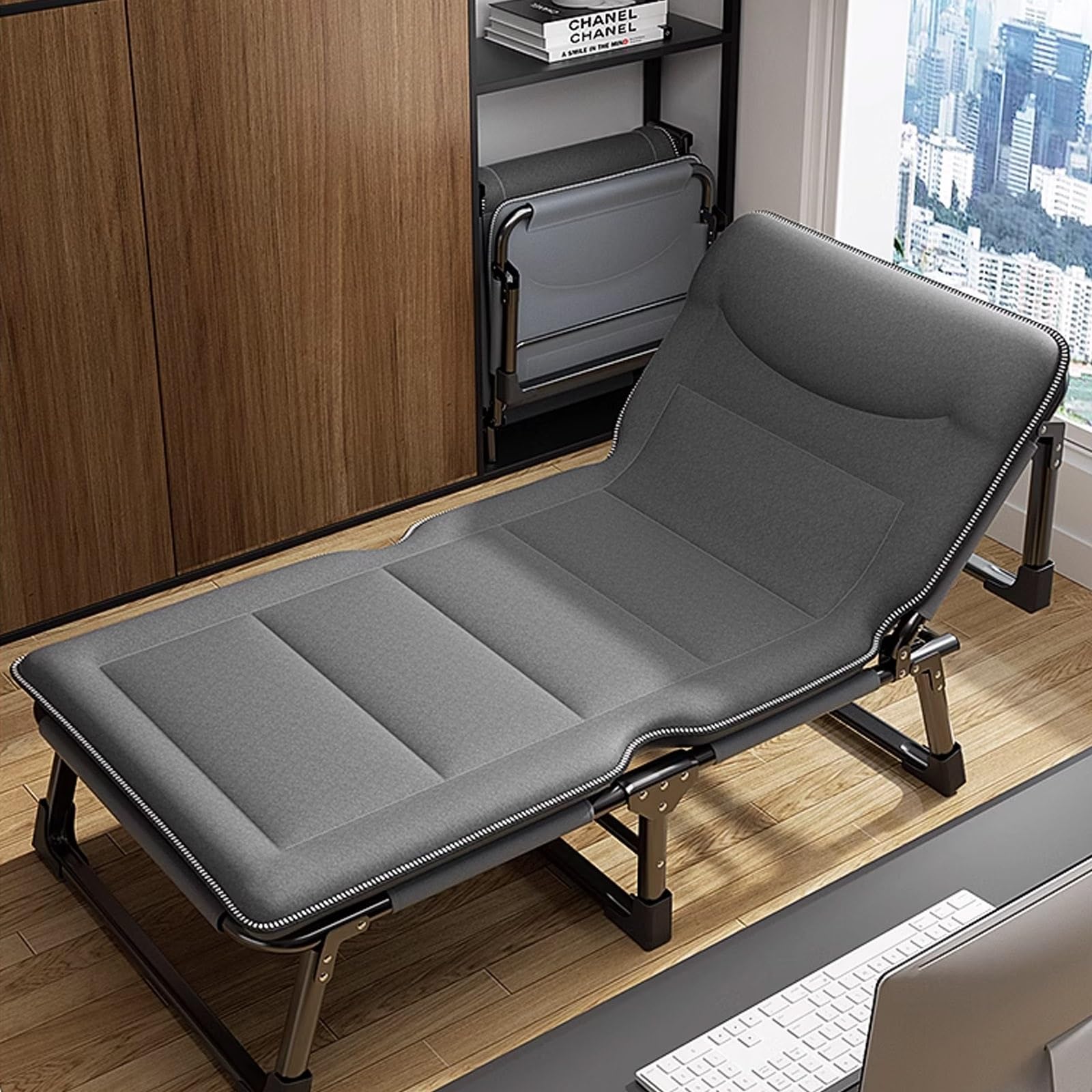 Cama Portatil Plegable Dormir con Colchón Estructura Metálica 4 Posiciones Ajustables con Bolsillos Laterales para Oficina Camping Interior