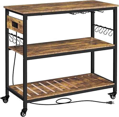 Miniatura 10 de Yaheetech Carrito de isla de cocina con toma de corriente, carritos de cocina con ruedas con almacenamiento, soporte de microondas de 3 niveles con