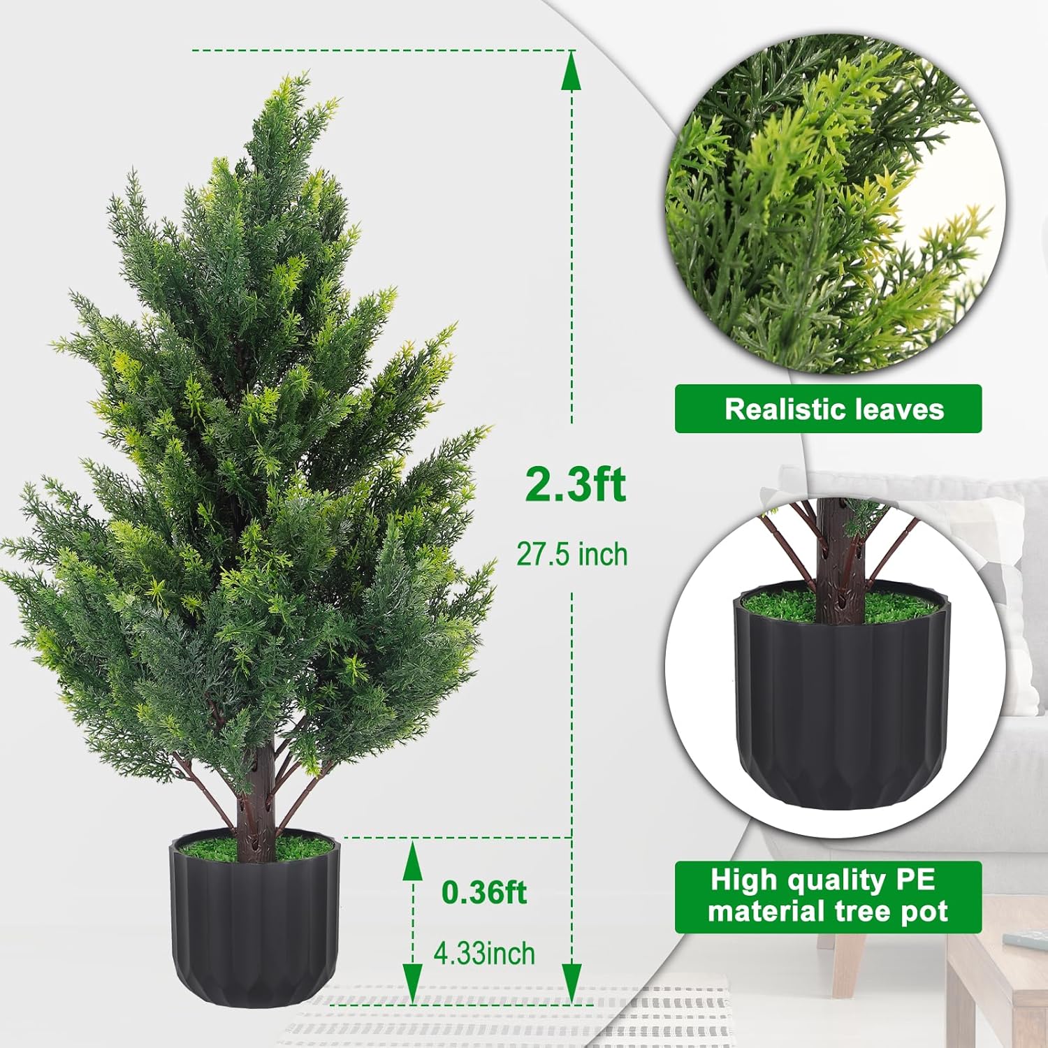 2.3FT Tall Artificial Cedar Topiary Trees Set of 2, Artificial UV Resistant Potted Plants, Faux Bushes Fake Shrubs for Outdoor Indoor Home Entryway Front Porch Garden Patio Offices Living Room Decor - Image 2