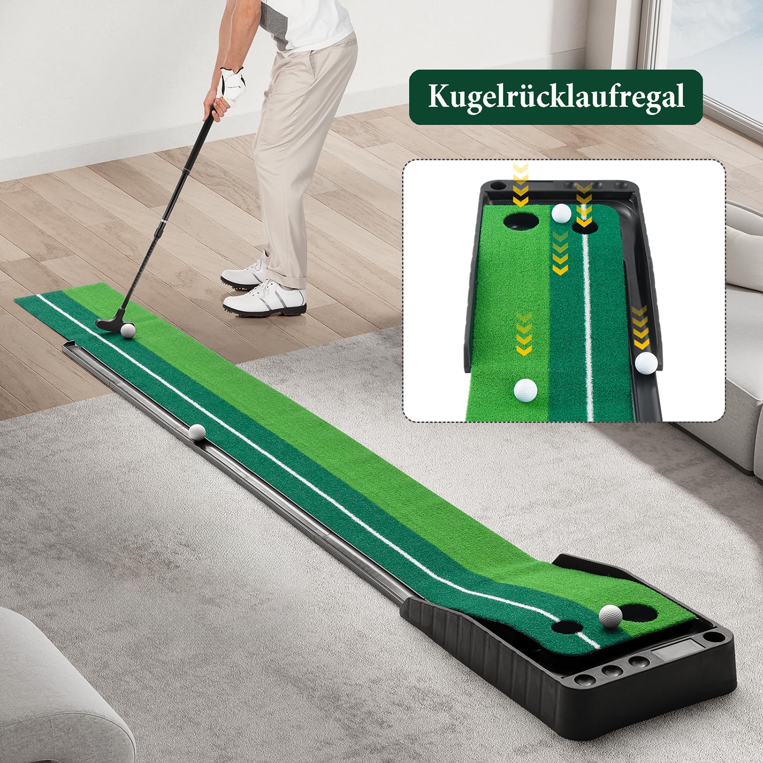 yabymy Golfmatte Puttingmatte, Golf Auto Rückkehr Puttingmatte, Golf Putter und 3 Golf Bälle Golf Übungsmatte, 300cm Indoor Outdoor Putting Trainer Matte Golfübungsgeräte für zu Hause Büro Gym