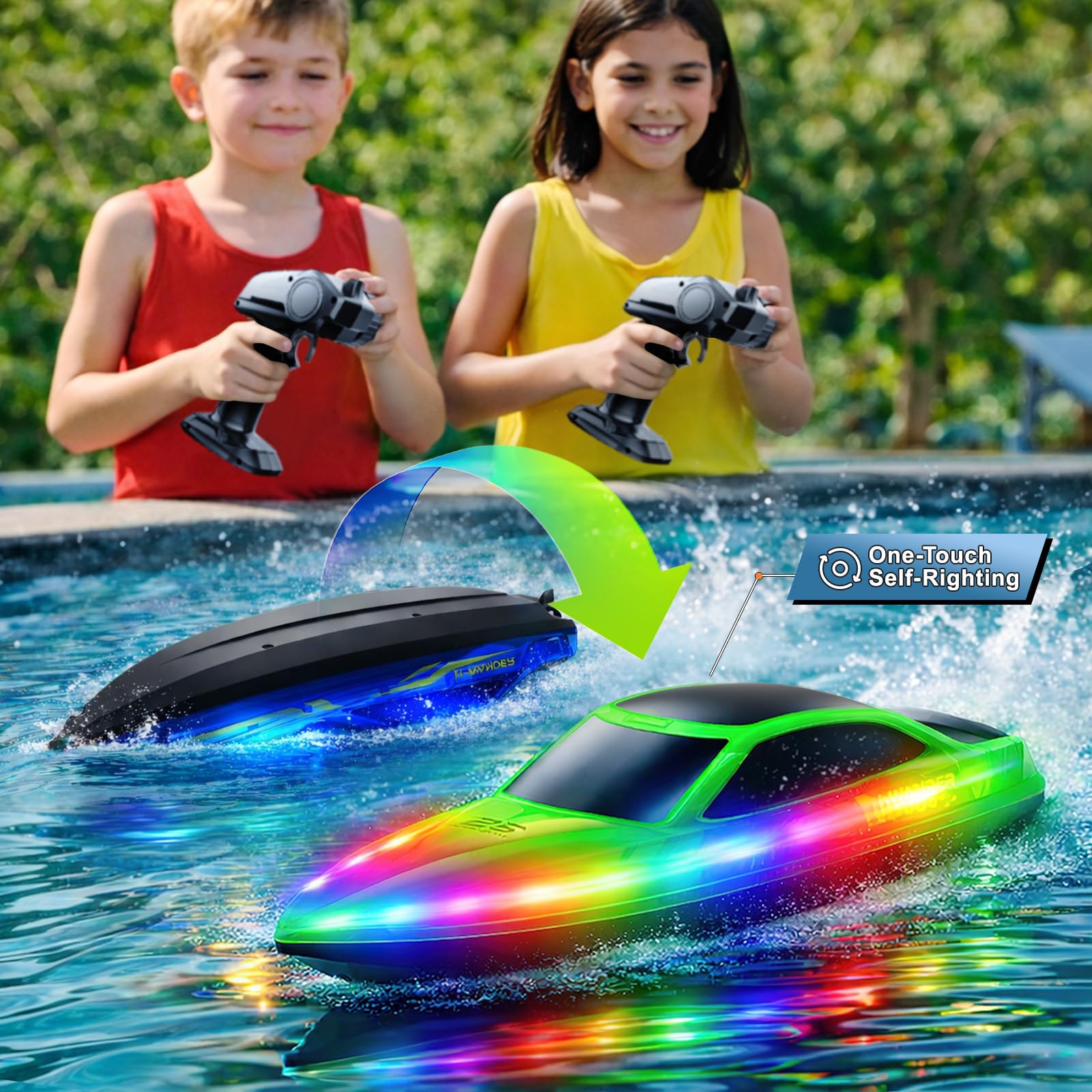 Barco Teledirigido RC 2 Unidades con Luces LED 7 Modos,hasta 15 km/h,Control Remoto 2.4GHz, Auto Flip, Alerta de Batería Baja y Distancia,4 Baterías, Barco RC Piscina y Lago, Regalo para Niños y Niñas
