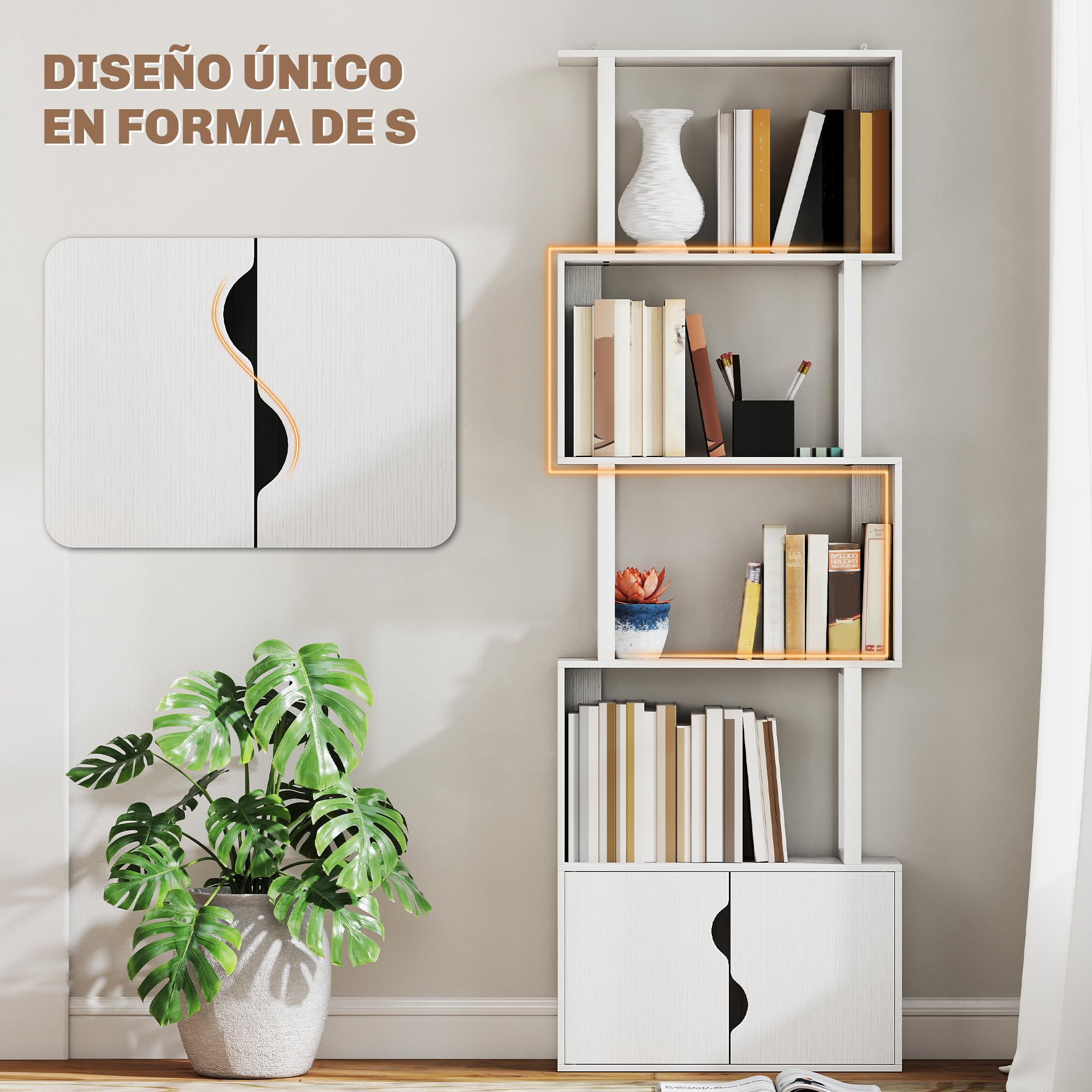 HOMCOM Librería de 5 Niveles en Forma de S 60x23,8x179,2 cm Blanco | Estantería de Libros, 5 Estantes, 2 Puertas, Sala de Estar, Oficina, Estudio, Dormitorio