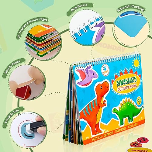 Miniatura 6 de Libro de actividades Montessori de dinosaurio, juguetes sensoriales para niños con autismo, actividades de aprendizaje preescolar impermeables para