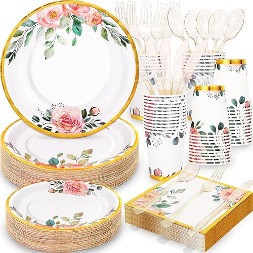 Gudvilla Juego de 350 platos de papel floral, platos desechables florales con borde dorado para 50 invitados, suministros de fiesta floral para