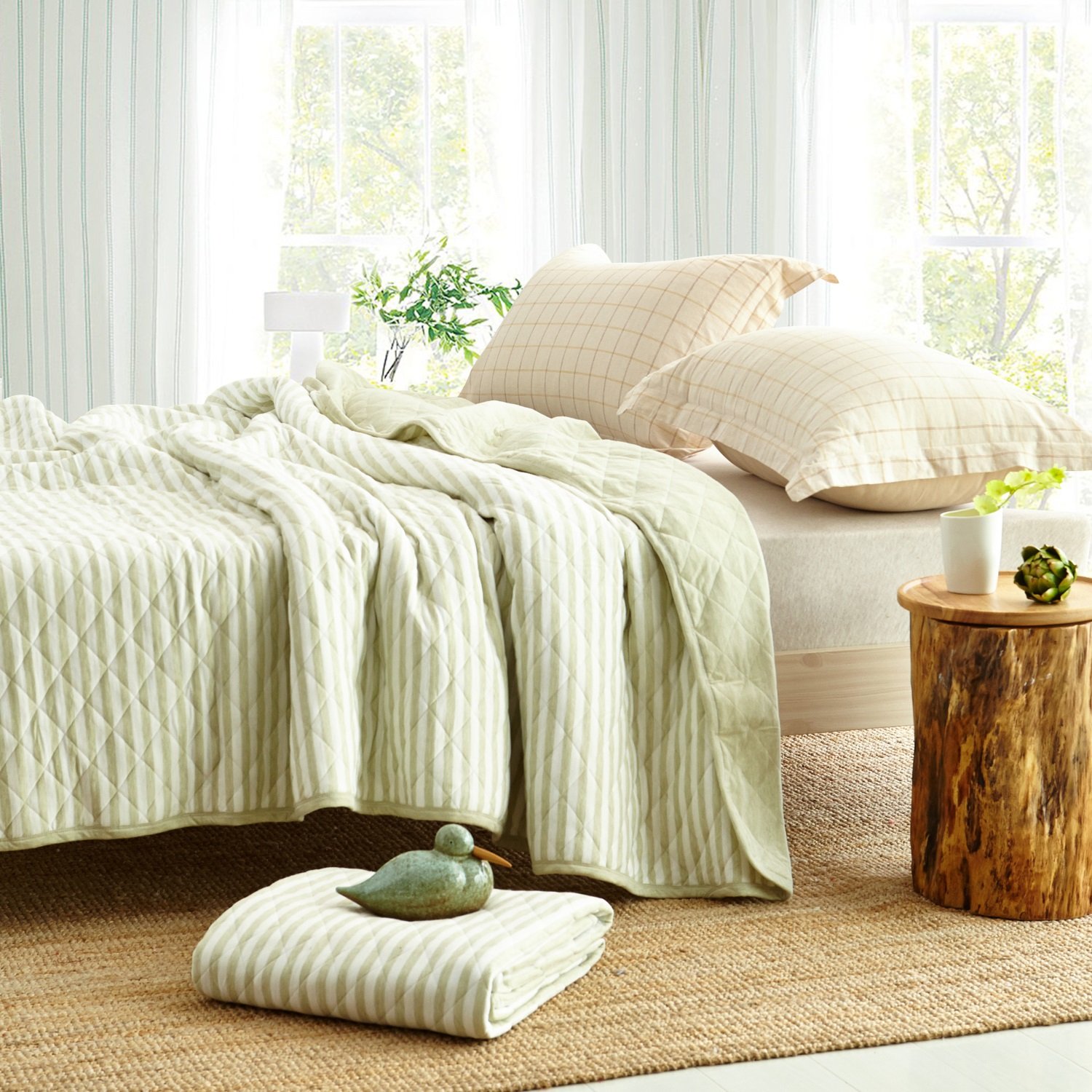 CocoQueenCocoQueen Knit Cotton Grass Green and White Stripe Summer Blanket Full - 200" x 230"cm