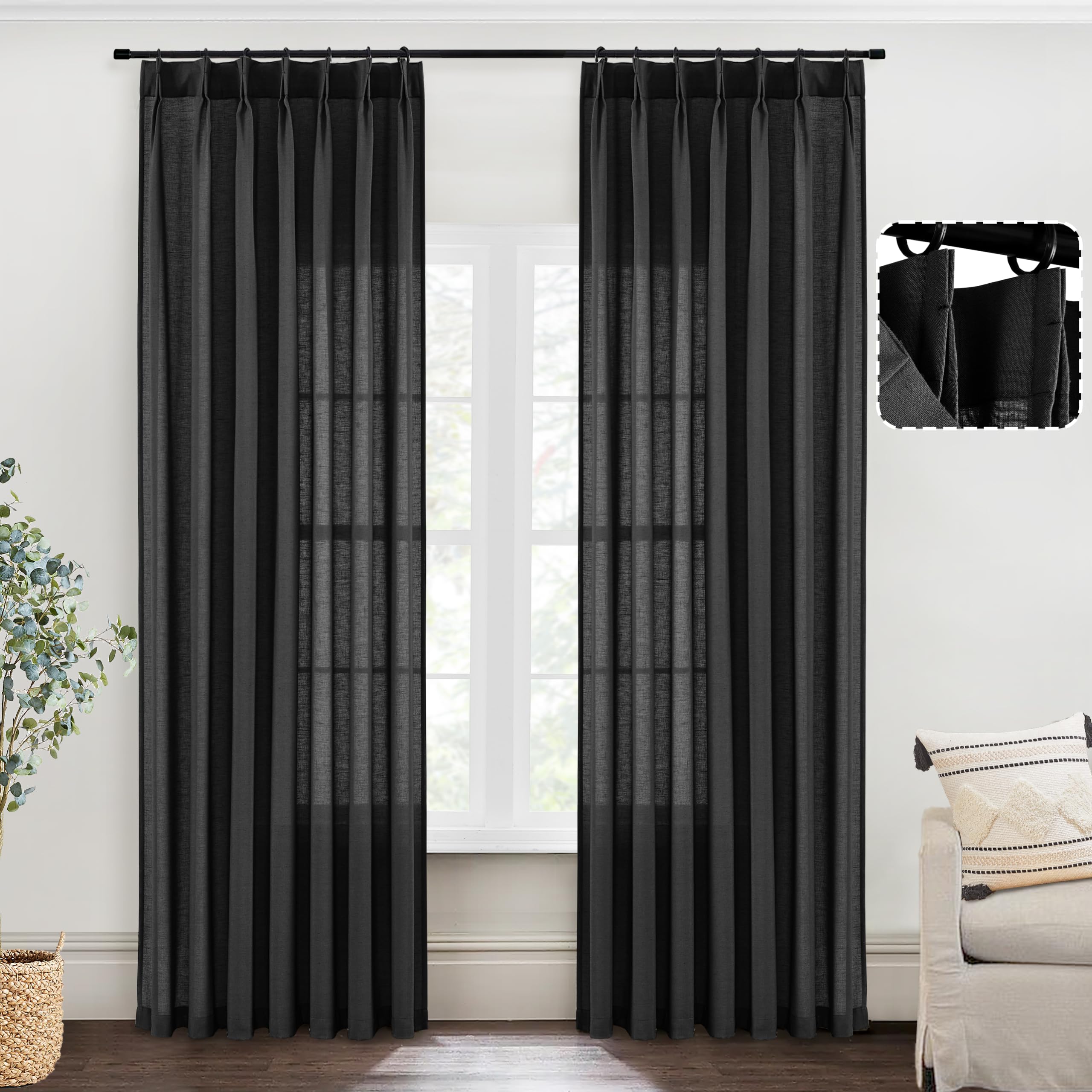 SHINELAND Black Linen Curtains 96 Inches Long for Living Room Ceiling Track System,Pinch Pleated Hooks No Rings Boho Window Sheer Curtain Drapes for Bedroom,Set of 2 Panels