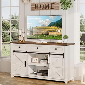 LUXOAK Farmhouse TV Stand with Sliding Barn Door & Drawer, 59" Rustic Entertainment Center for TVs up to 65", Buffet Storage Cabinet for Living Room, Dinning Room, White+Barnwood