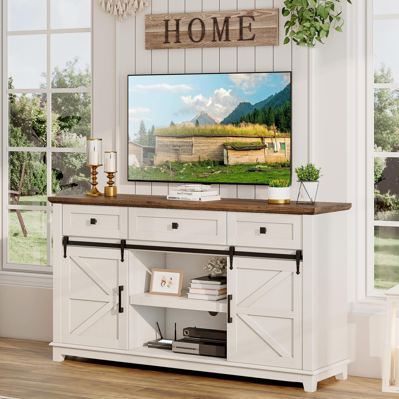 Farmhouse TV Stand with Sliding Barn Door & Drawer, 59" Rustic Entertainment Center for TVs up to 65", Buffet Storage Cabinet for Living Room, Dinning Room, White+Barnwood
