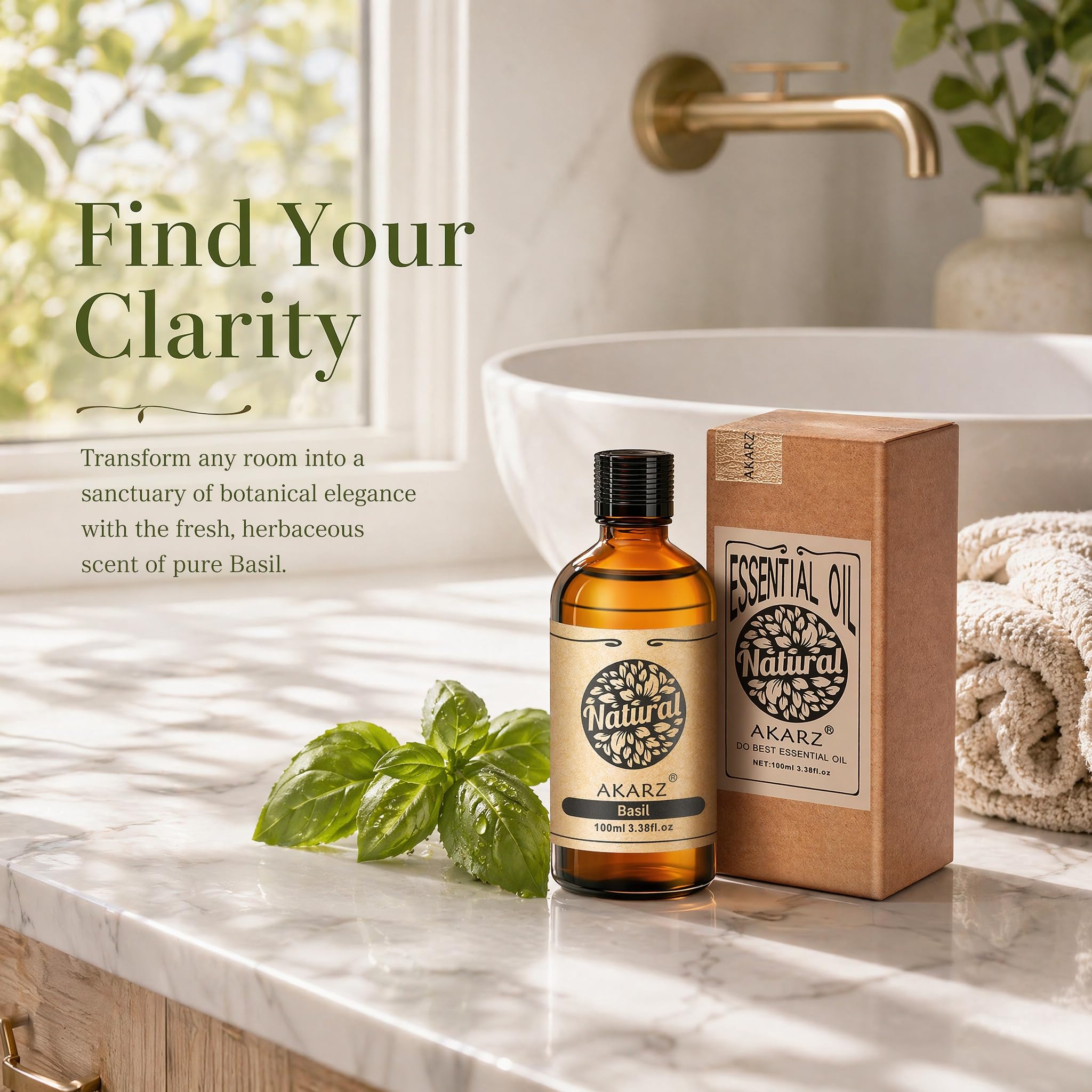 AKARZ 100ml Olejek esencjny z Bazylia - Naturalny olejek aromatyczny do dyfuzorów, lamp aromatycznych i aromatów pomieszczeń