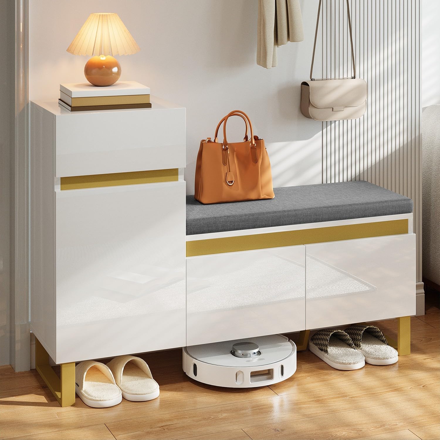 Szafka na buty z półką na buty, biała, MDF, 120 x 35 x 85 cm, z szufladami i drzwiami, wielopoziomowa, nowoczesny, minimalistyczny styl, do przedpokoju