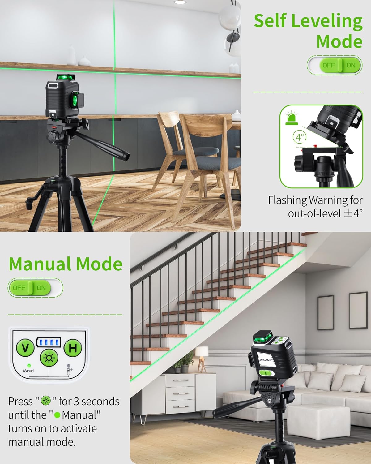 Laser Level 360 Self Leveling with 60" Tripod, Firecore 3 X 360° Rechargeable Green Lazer Leveler Tool for Picture Hanging Wall Tile Construction, 2 Battery Packs and Magnetic Bracket Included