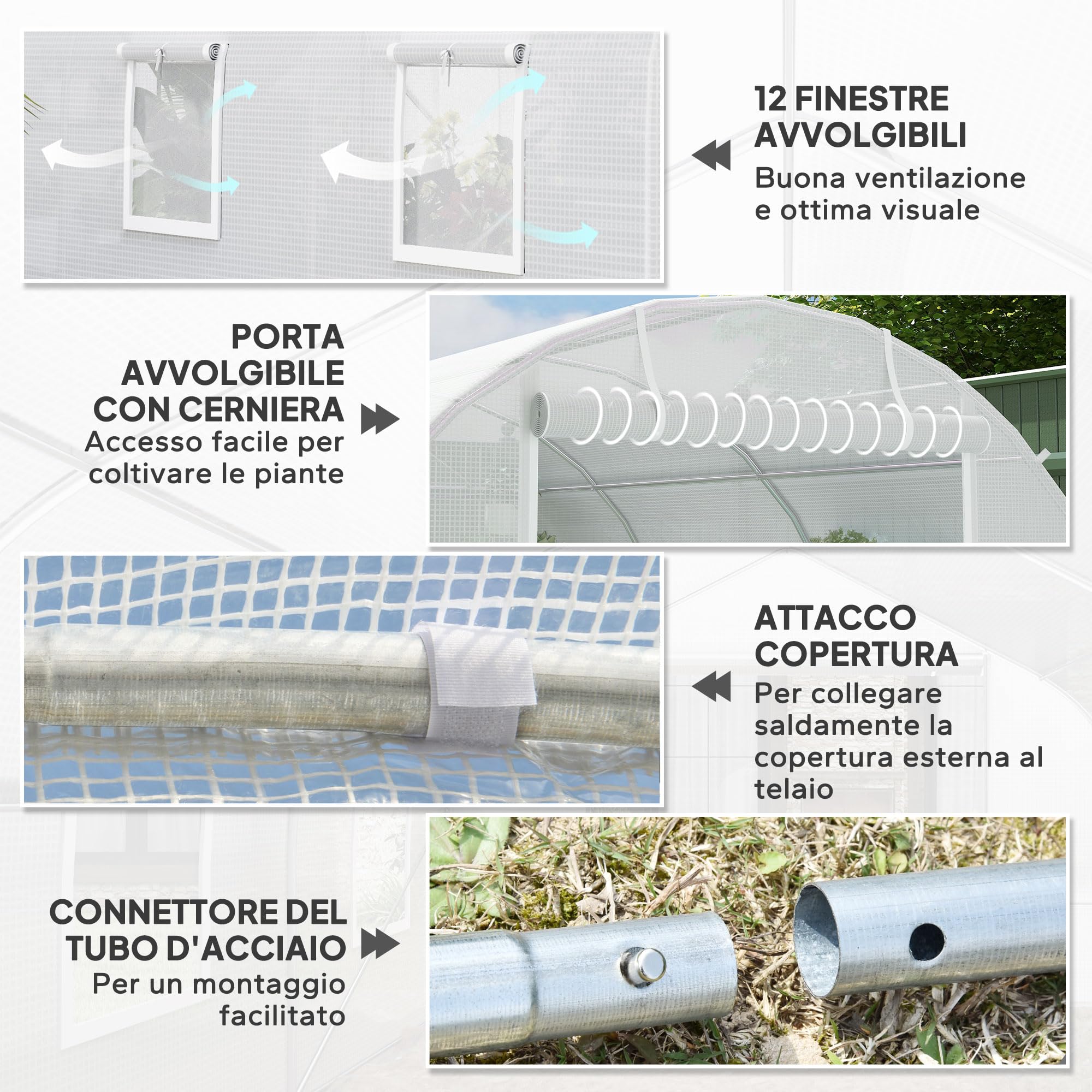 Outsunny Serra da Giardino a Tunnel 8x3x2 m con Porte Avvolgibili e 12 Finestre, Serra per Orto con 4 Rinforzi Diagonali, Struttura in Acciaio e Copertura PE, per Orto Verdure Fiori Frutta, Bianco
