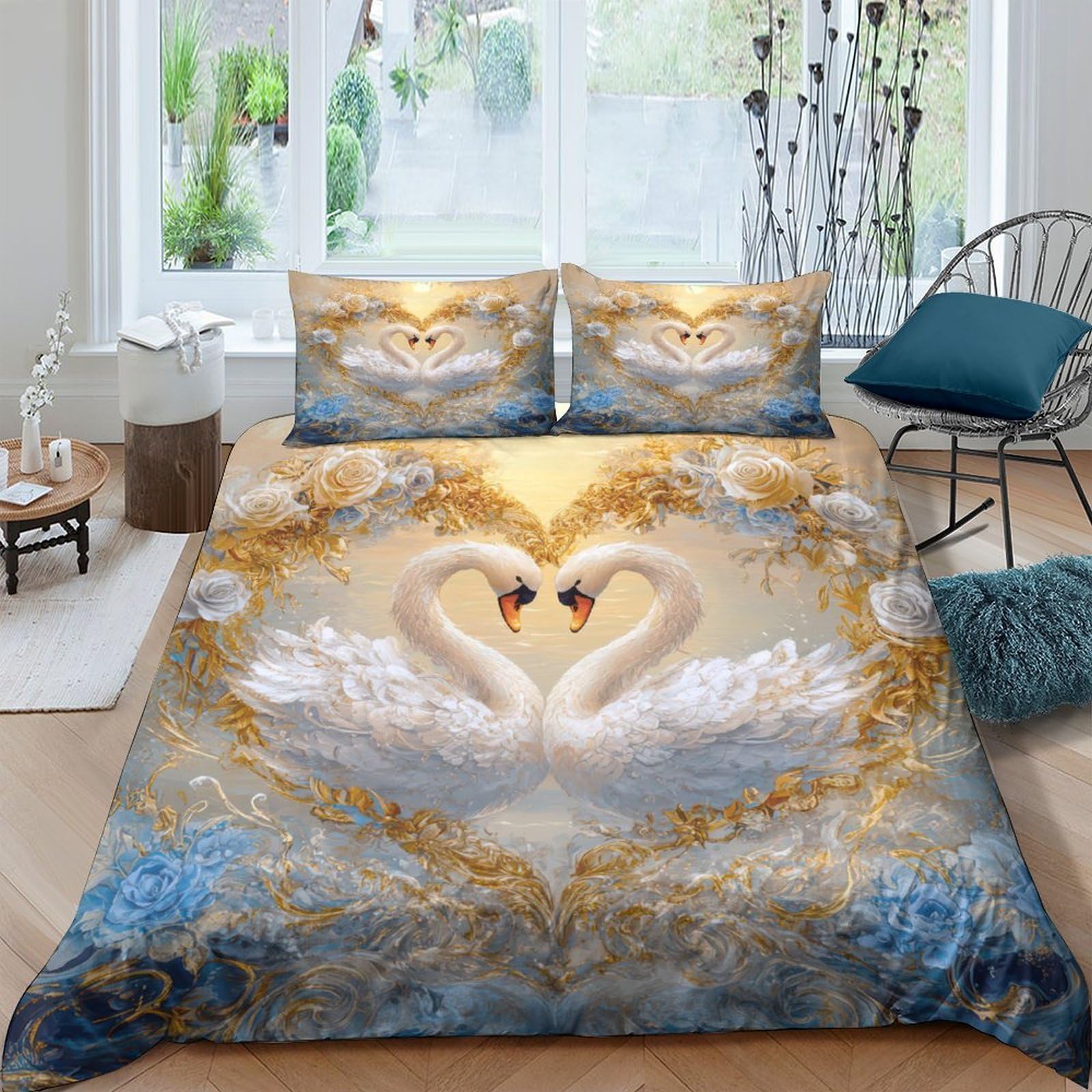Ctjqhvkz Style-7 3D Printed Swan Heart Fitted Sheet Microfiber Blue Gold Romantic Mattress Cover Bedroom Decor Machine Washable Single（135X200cm）