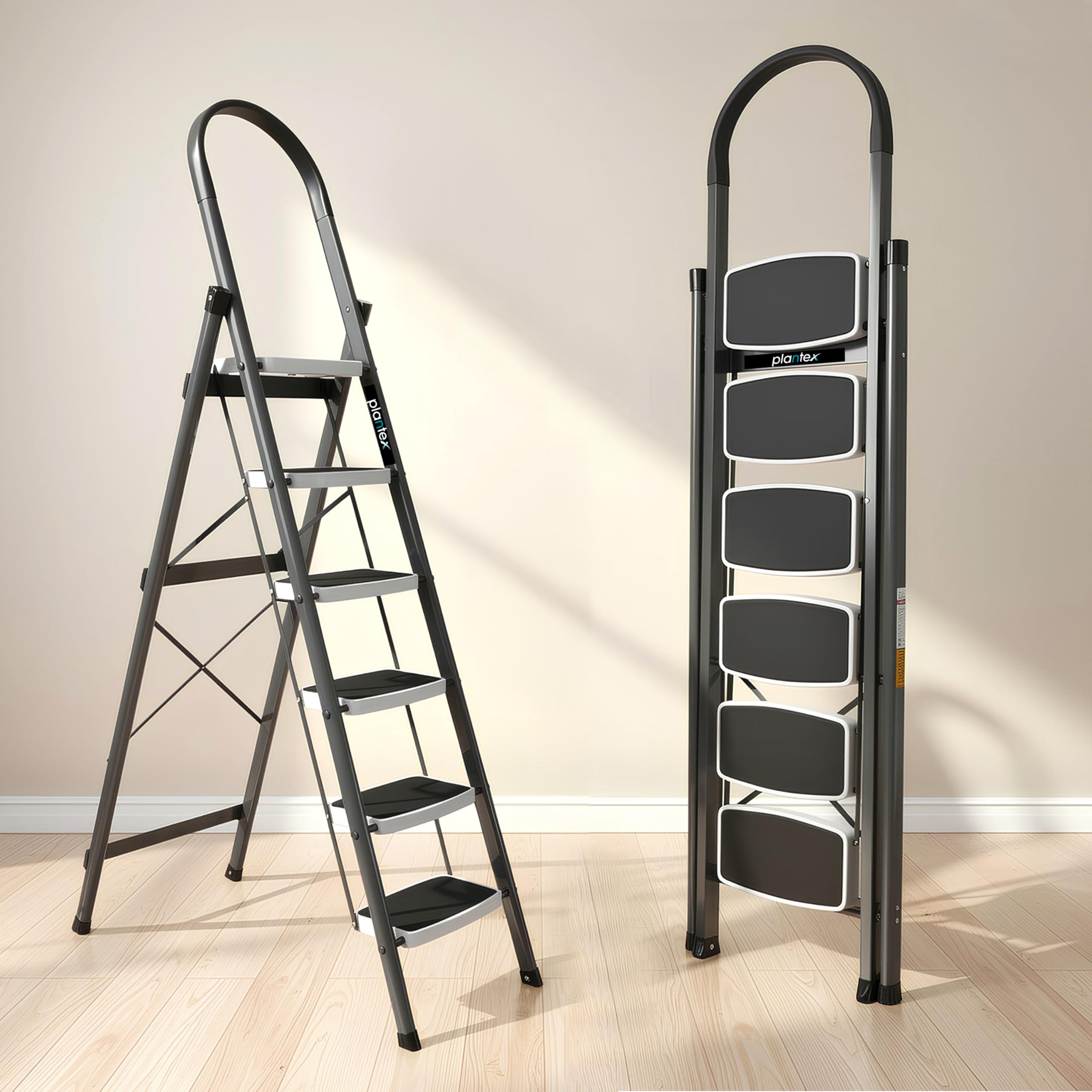 Plantex High Grade Heavy Steel Folding 6 Step Ladder for Home - 6 Wide Anti Skid Steps (Gray & White)