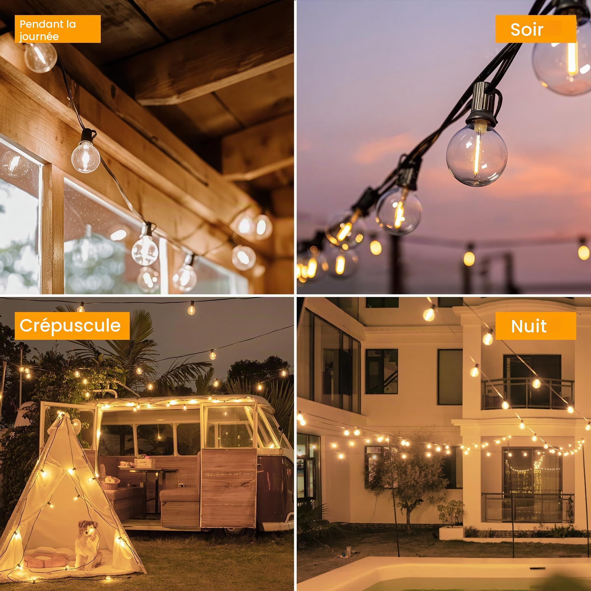 Guirlande lumineuse solaire d'extérieur 20 m avec 30 + 2 ampoules LED, éclairage solaire G40 avec télécommande, 3 modes d'éclairage et fonction minuterie, étanche IP65, pour jardin, balcon, décoration