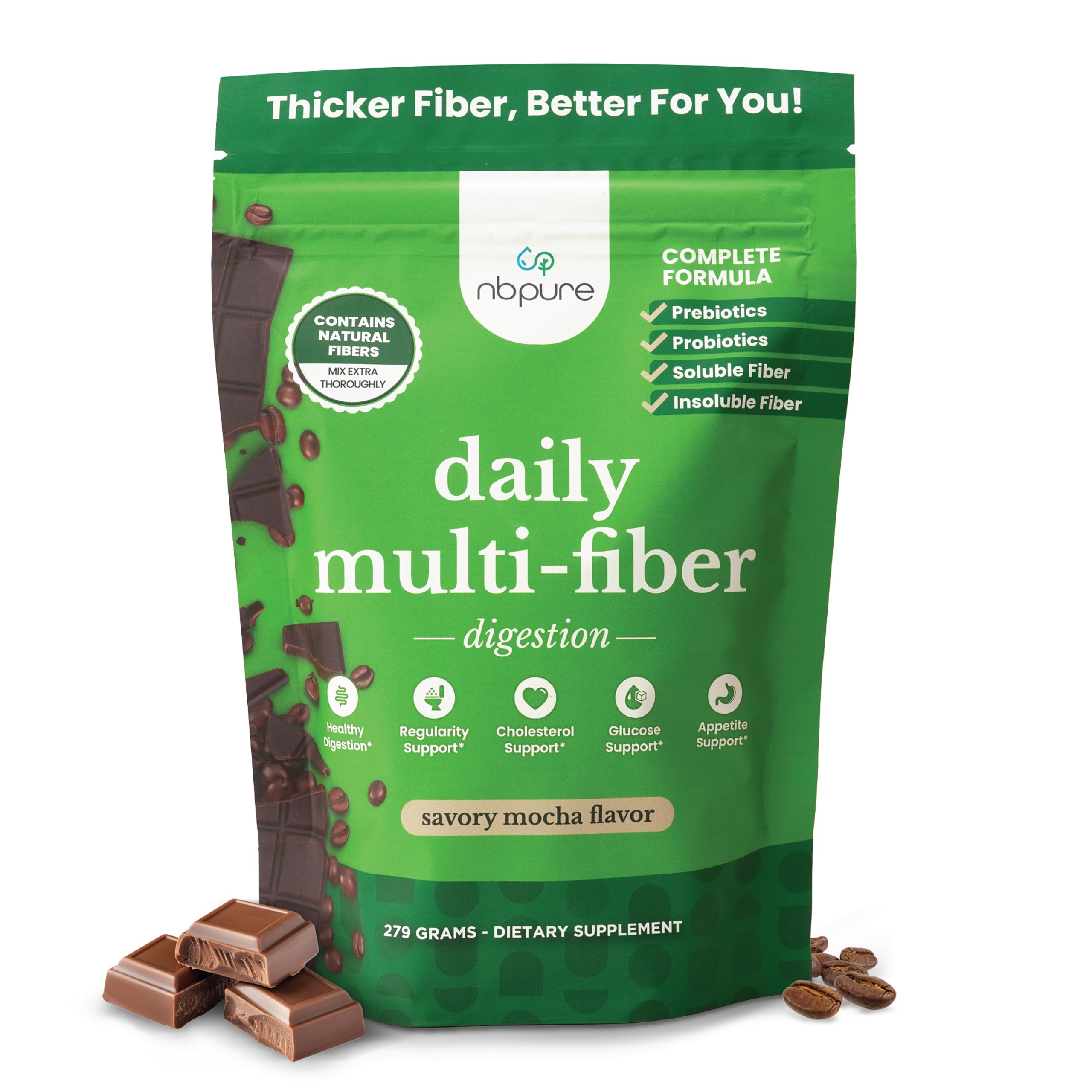 nbpure Daily Fiber Powder Blend for Digestive Health, Cholesterol Support, Healthy Weight Management - with Prebiotic, Insoluble, Soluble Fiber + 4 Probiotic Strains, Savory Mocha, Gusset, 45 Servings