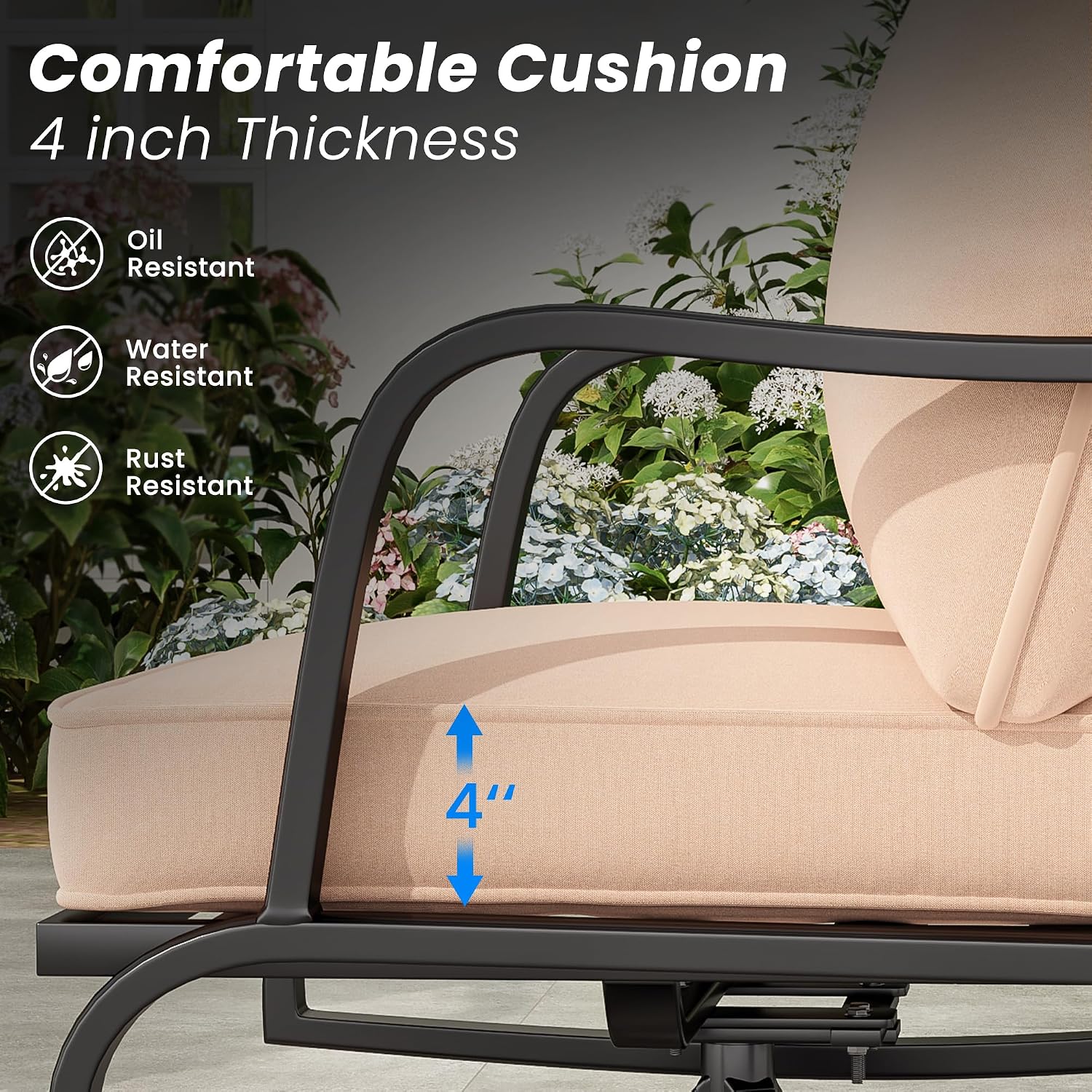 Close-up of a 4-inch thick cushion, highlighting its oil, water, and rust resistant properties.