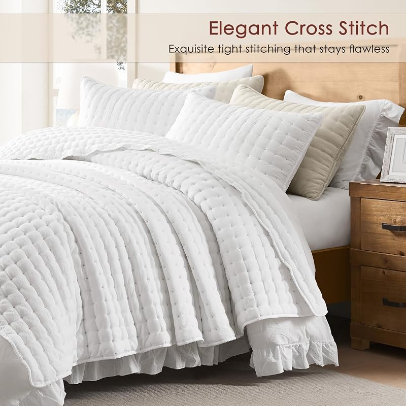 WDCOZY Cloud Soft Quilt Set, Queen Size, White, 3 Pieces 90x90 inches image 3