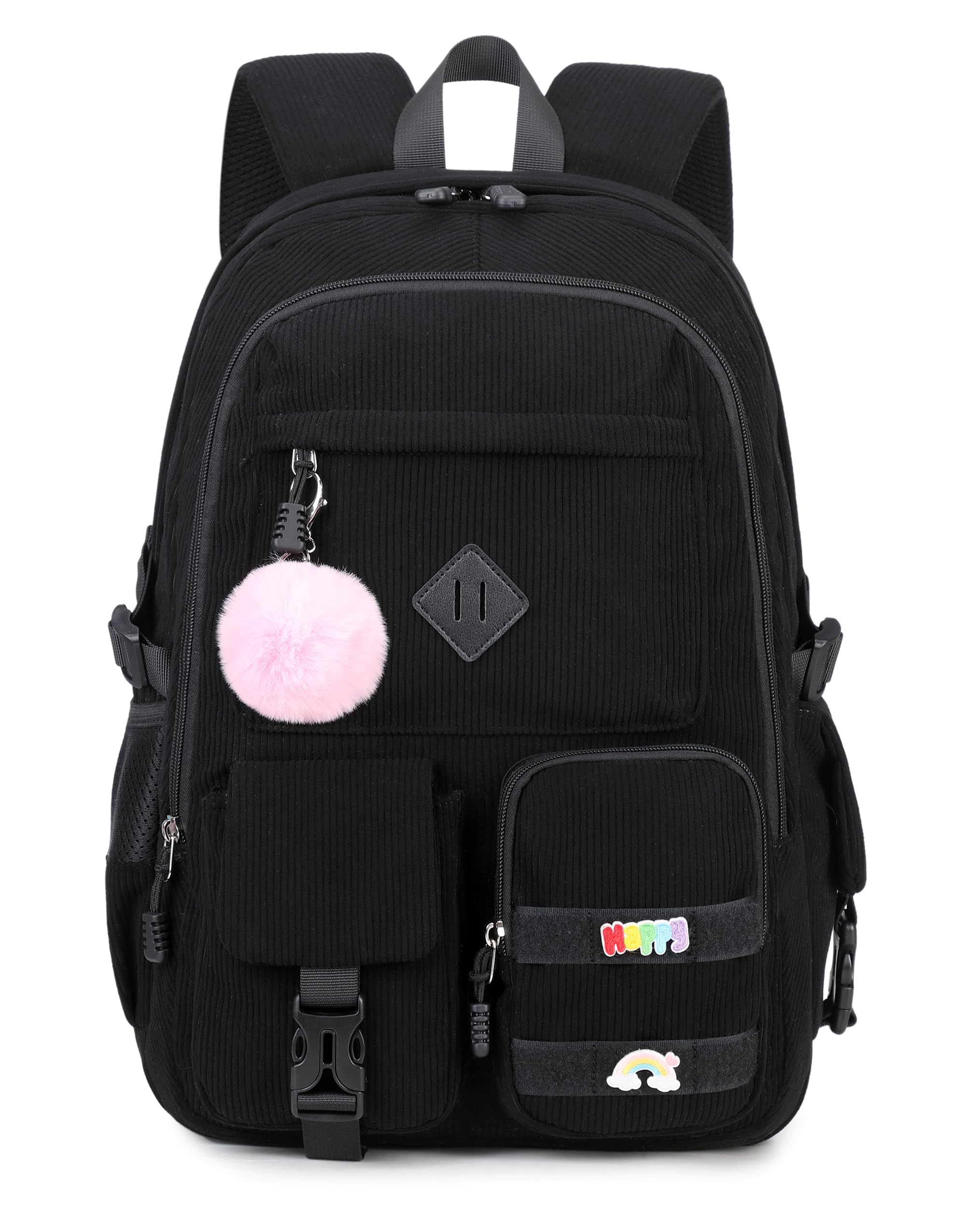Girls Laptop Backpack Corduroy Bookbag For Teen Big Studen School Bag Durable Travel Daypack 1black