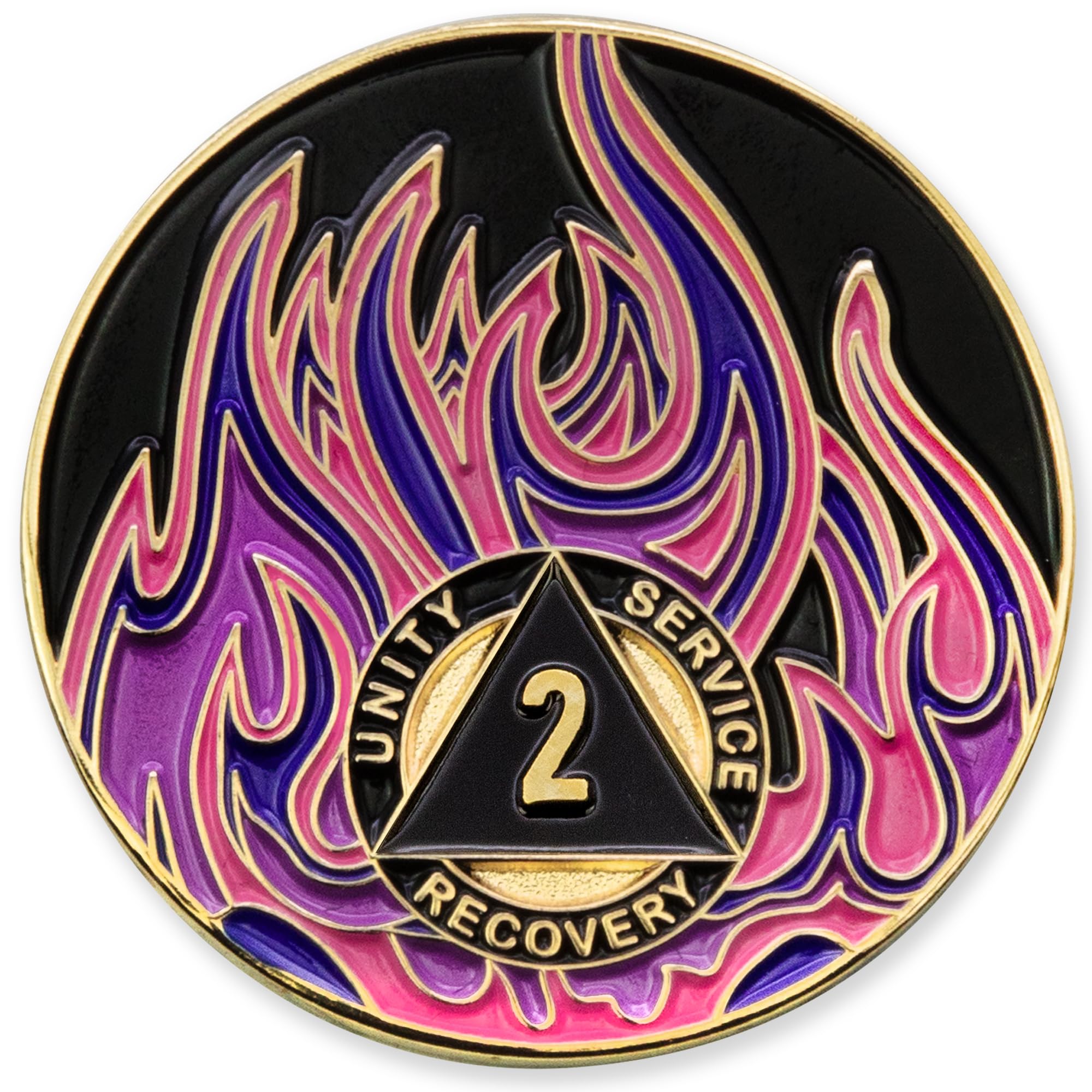 2 Year Sobriety Mint Twisted Flames Gold Plated AA Recovery Medallion/Chip - Black/Pink/Purple/Blue
