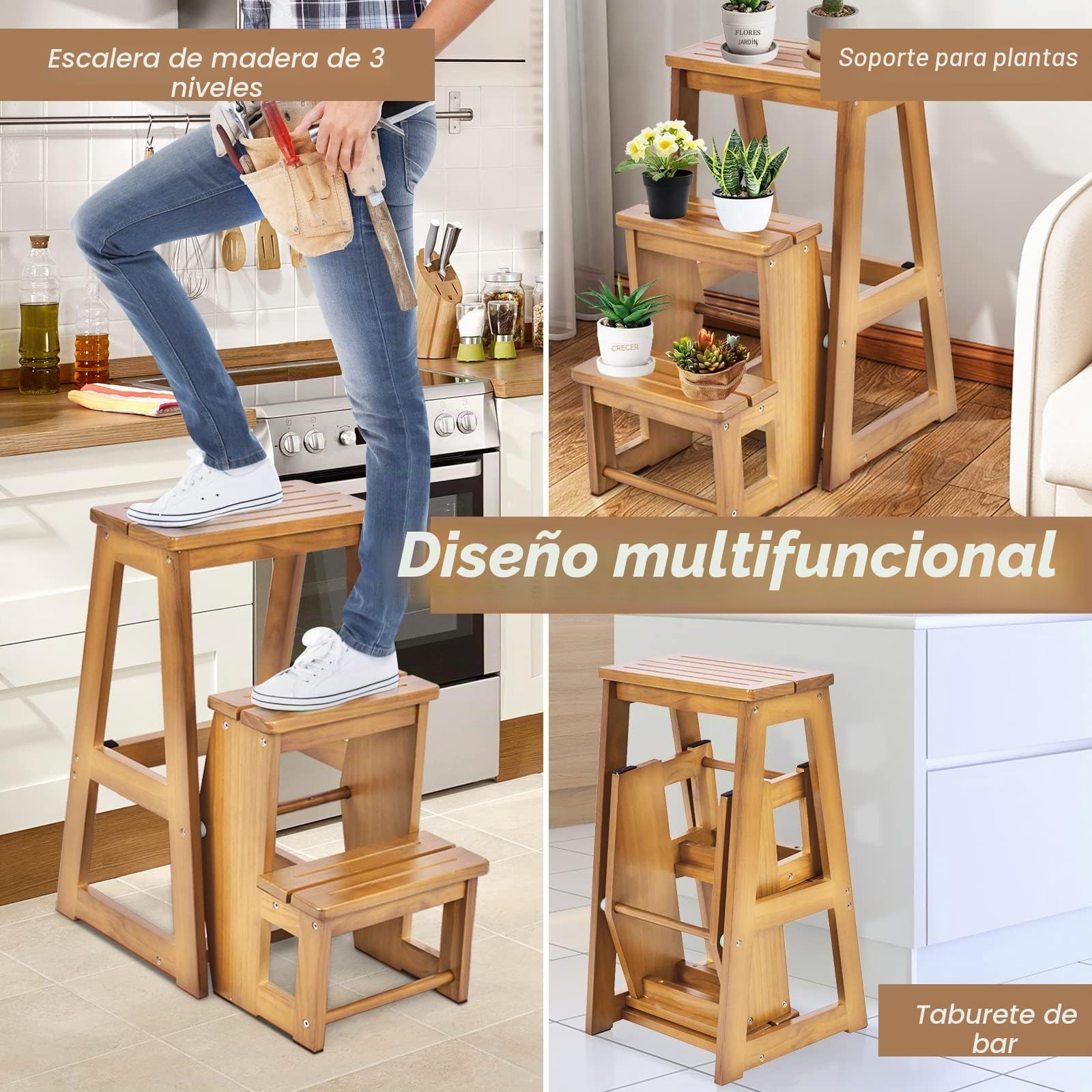 GIANTEX Taburete Escalera Plegable de Madera con 3 Peldaños, 57 x 38,5 x 66 cm, Escalera Silla Plegable Multifuncional para Ahorrar Espacio, Escalón para Baño, Cocina (Marrón Claro)