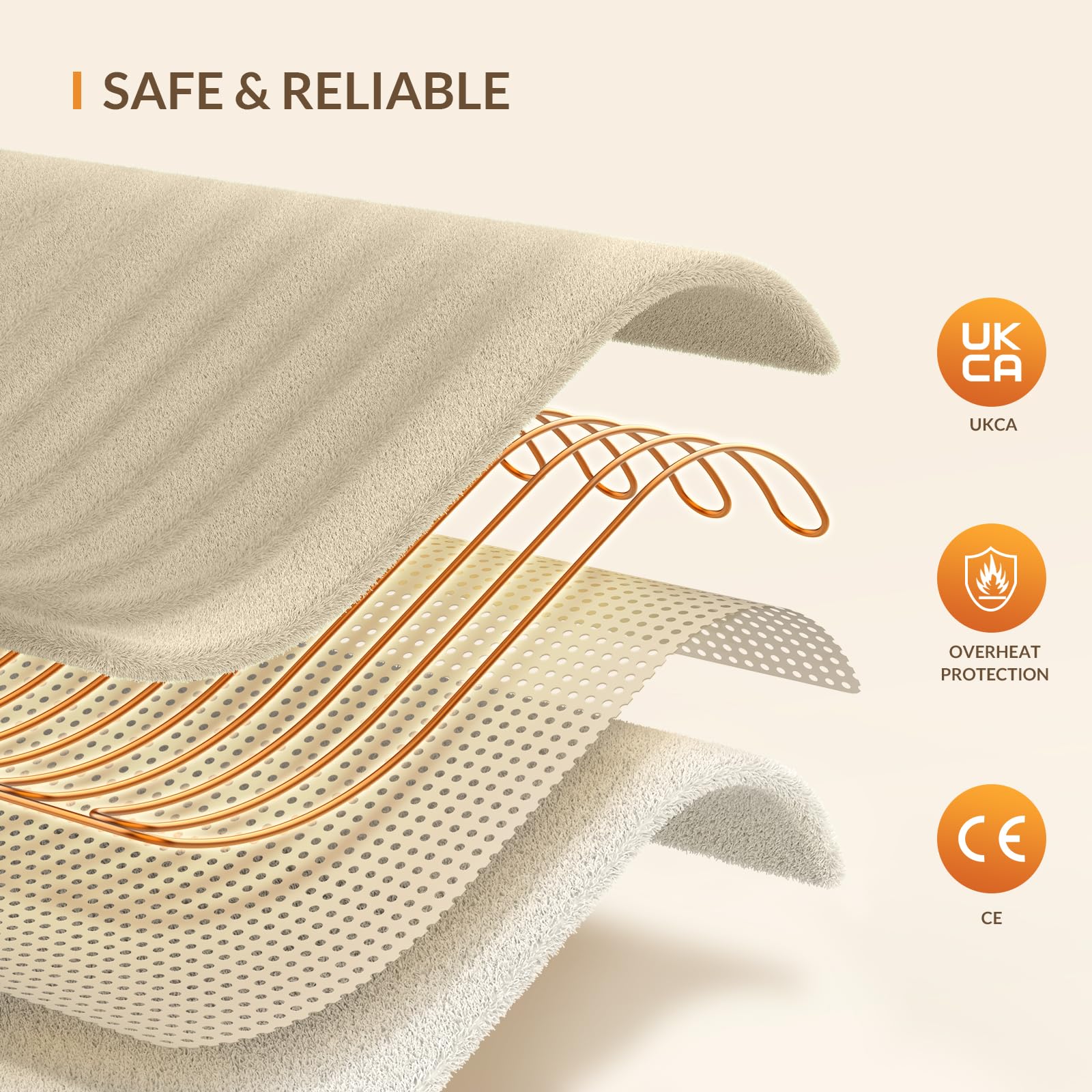 HOMLYNS Coperta riscaldata, 160 x 130 cm, 9 livelli di calore, beige | Timer da 2-10 ore, certificato UKCA e CE, controllo della memoria, cavo di alimentazione da 2,2 m
