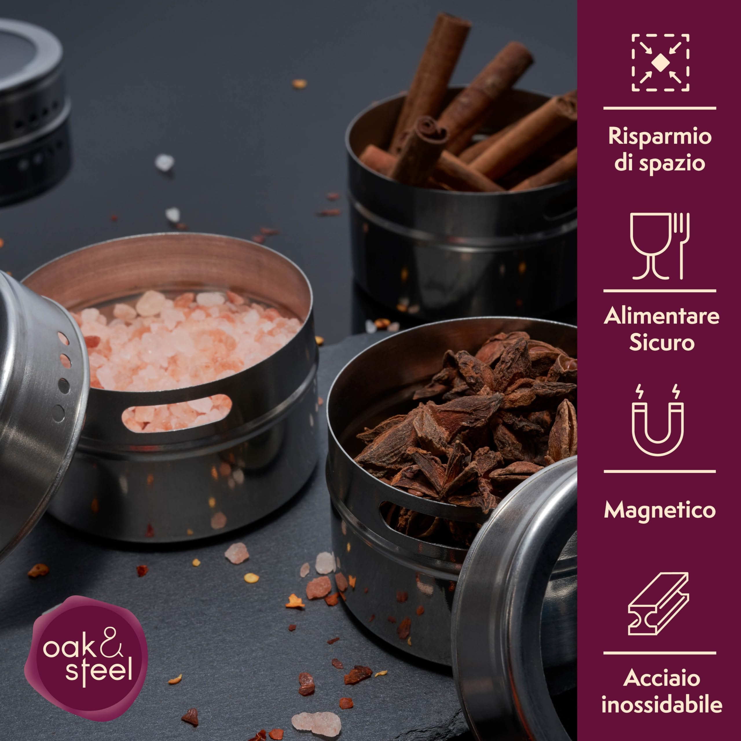 Oak & Steel -12 Pcs Porta Spezie Magnetico - Vasetti Portaspezie in Acciaio Inossidabile - Per Il Sale Pepe Erbe