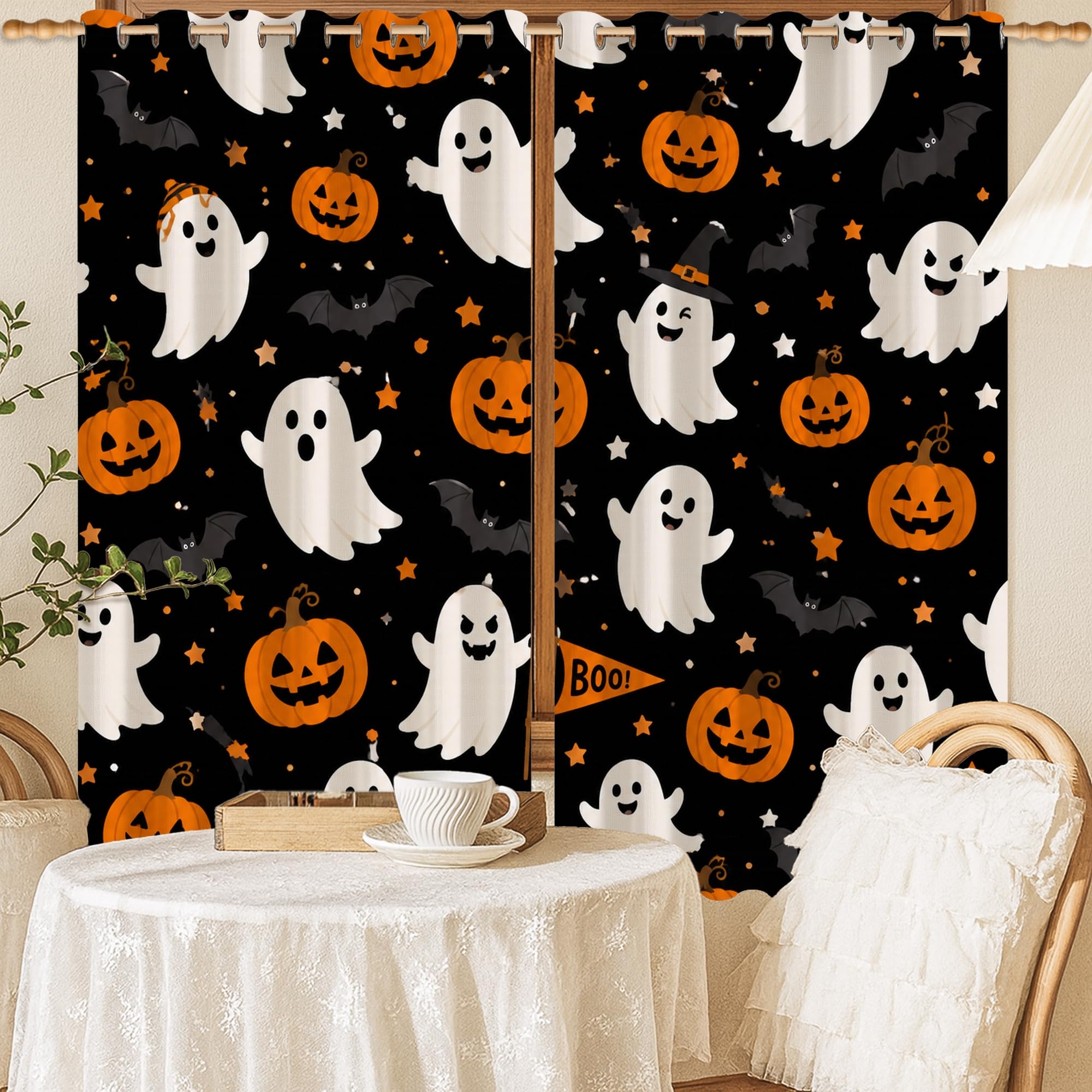 Rideaux occultants anti-lumière pour bien dormir : décor Halloween sans plis citrouille et bat