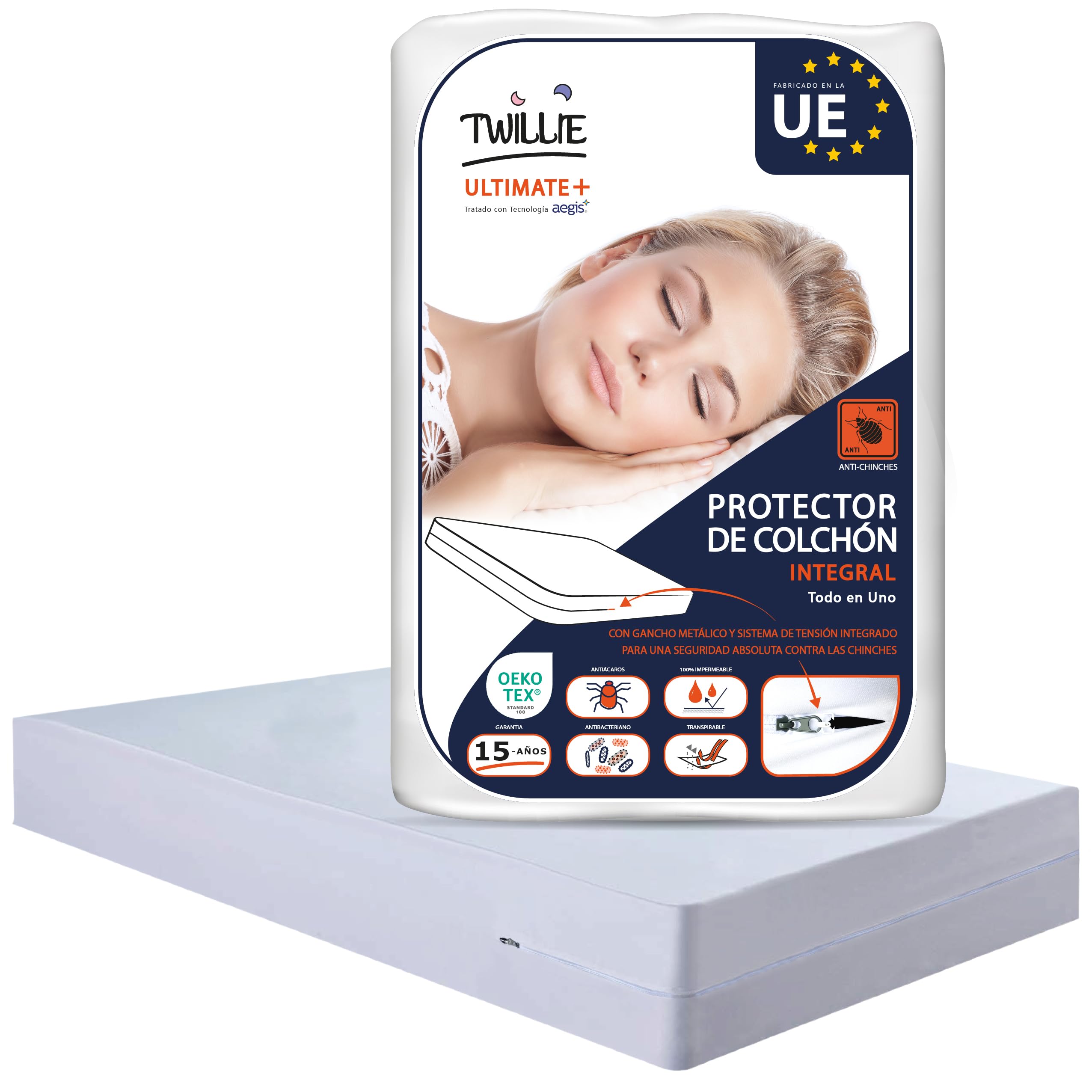 Twillie – Funda de colchón integral 150x190x25 cm Impermeable – Anti-chinches – Oeko-TEX® Protector de colchón completo con cremallera - Tratamiento AEGIS® Anti-ácaros, antibacteriano – Fabr. en la UE